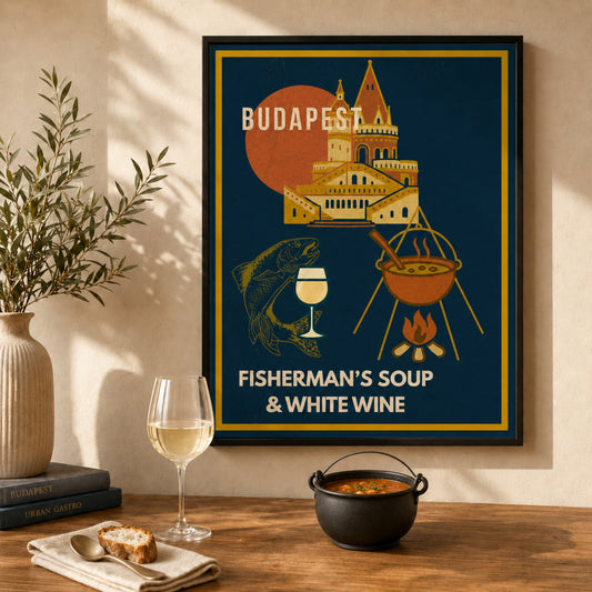 Fisherman`s Soup & White Wine  framed Budapest Urban Gastro poster on a warm kitchen wall with a glass of white wine
