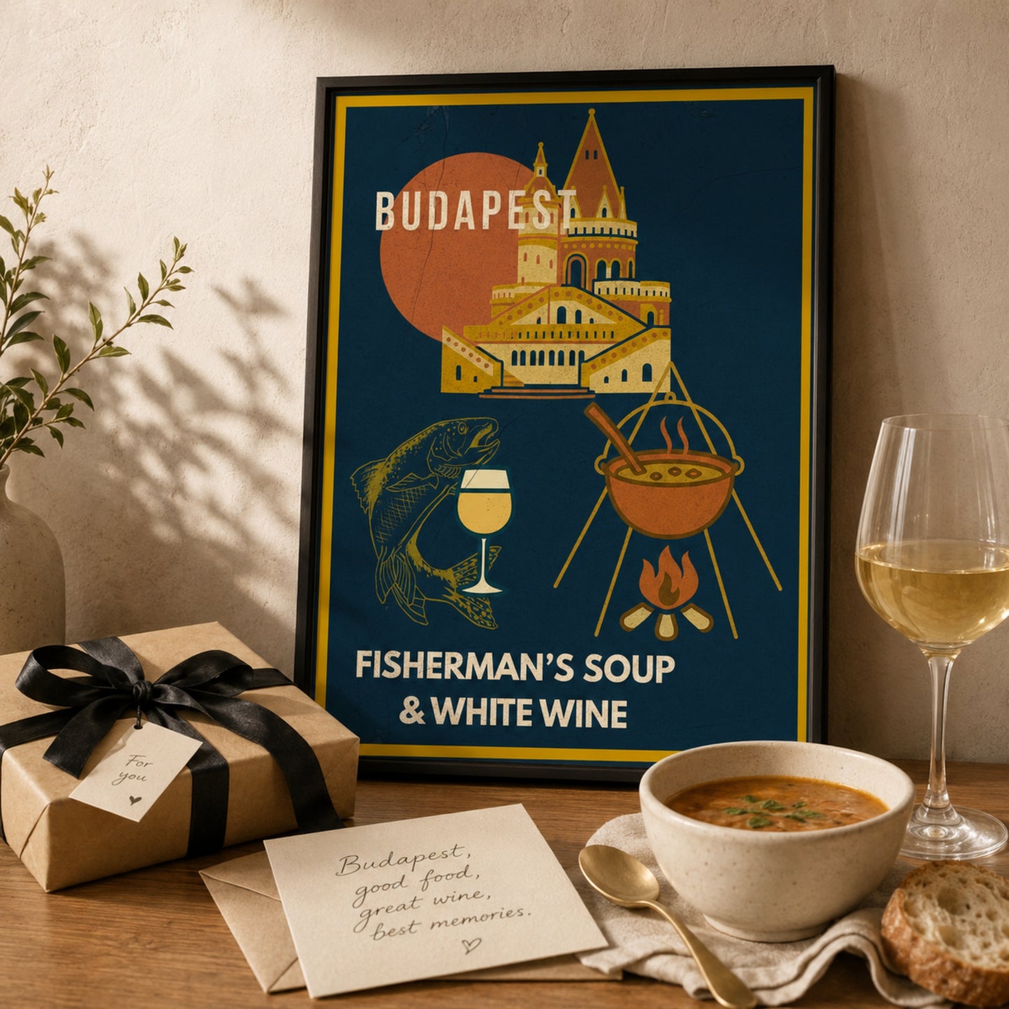 Fisherman`s Soup & White Wine Budapest poster styled as a thoughtful gift for food and travel lovers