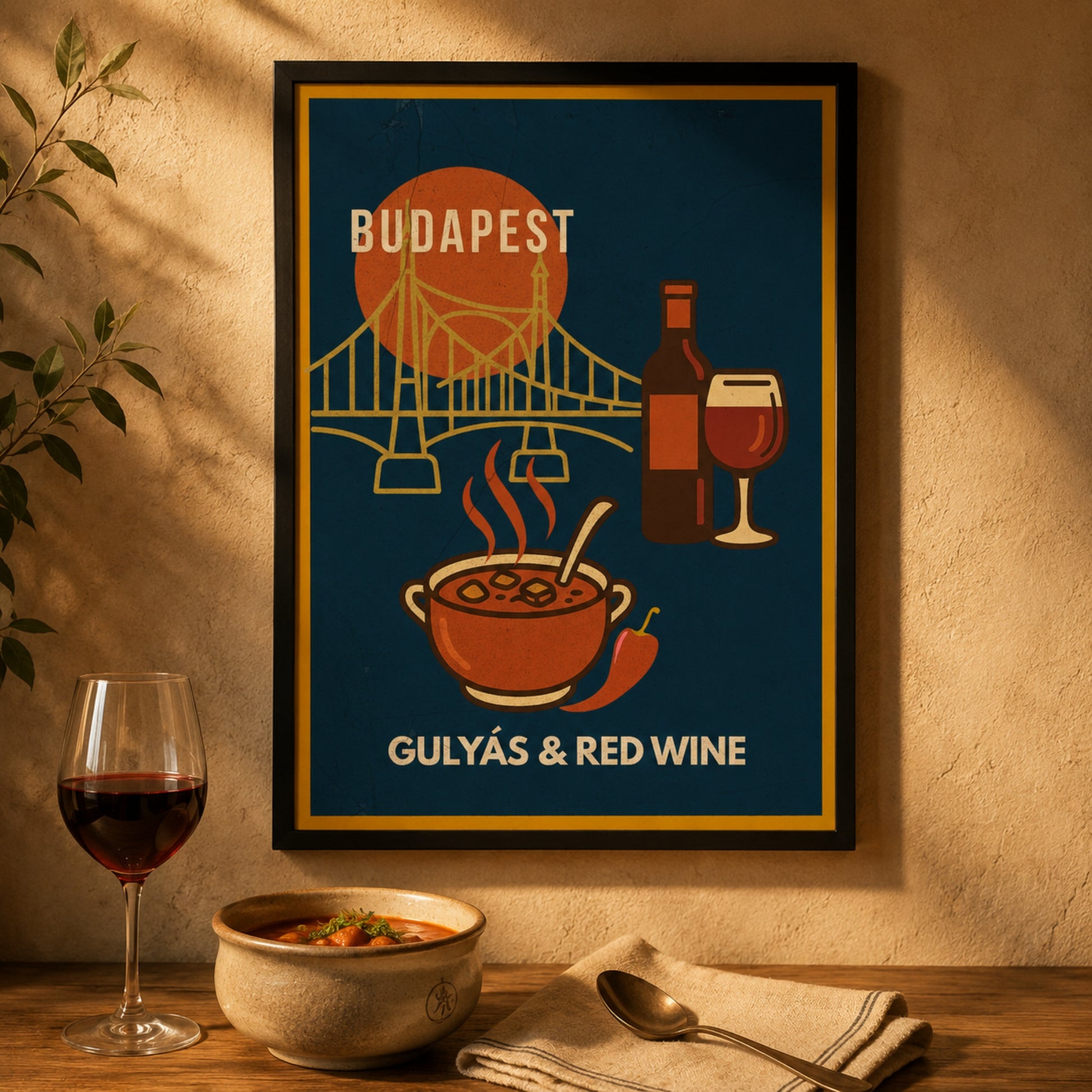 Gulyás & Red Wine framed Budapest Urban Gastro poster on a warm kitchen wall with a glass of red wine
