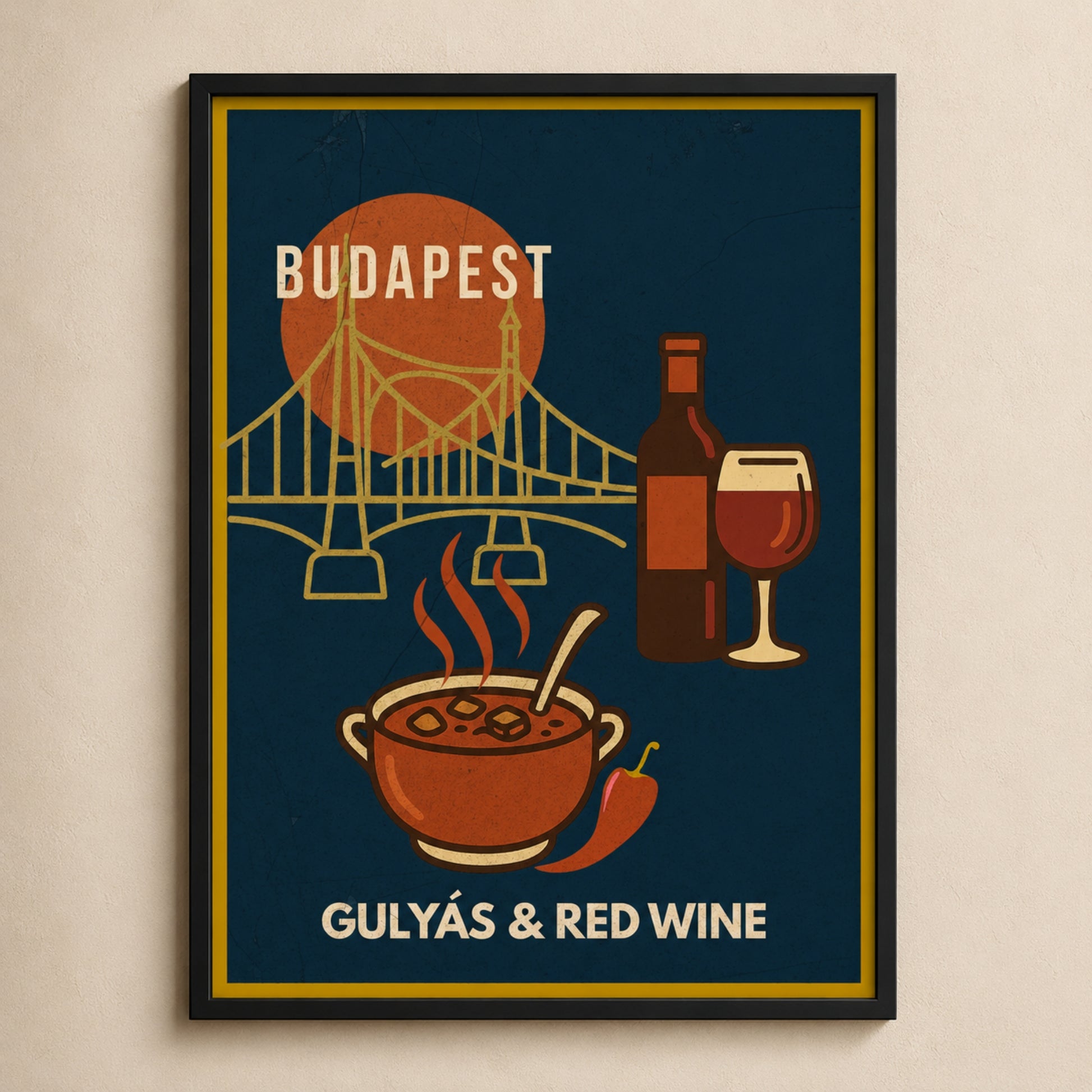 Close view of the Gulyás & Red Wine framed Budapest poster showing the artwork and black frame
