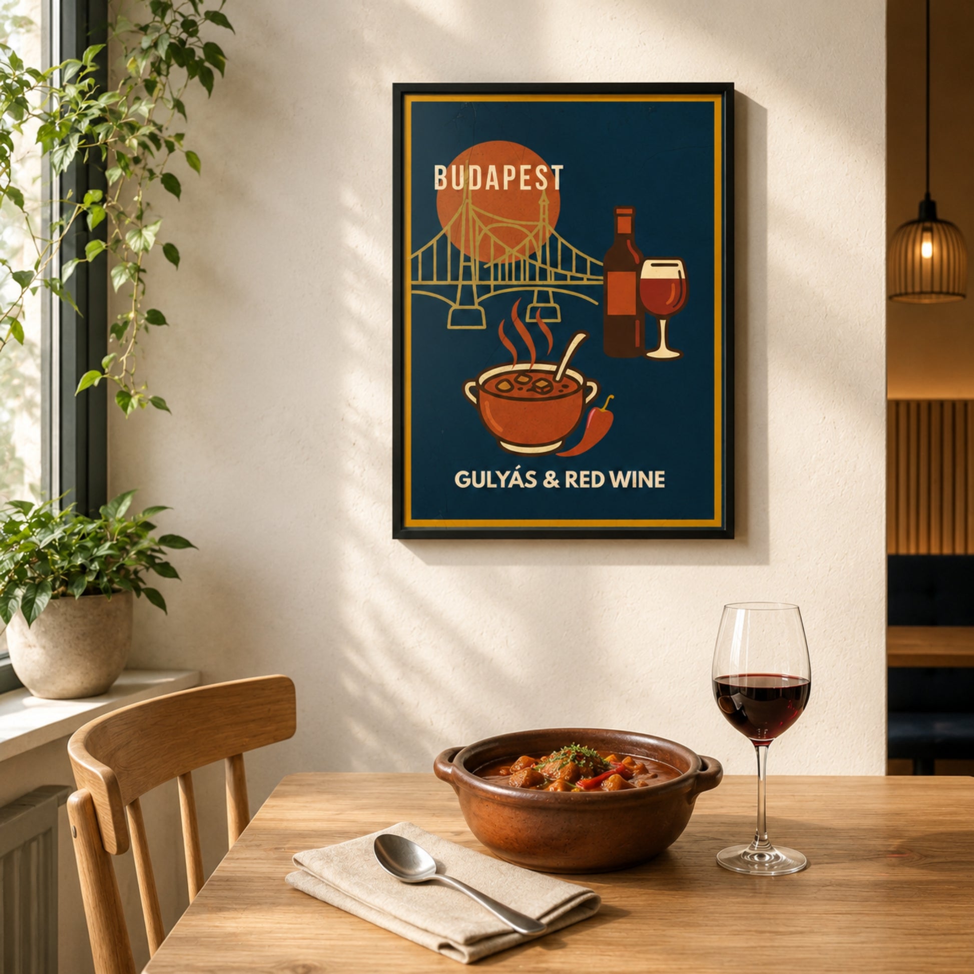 Gulyás & Red Wine framed poster displayed in a warm Budapest-inspired bistro dining corner

