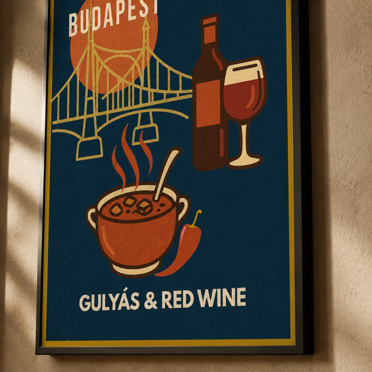 Detail view of the Gulyás & Red Wine framed poster with artwork crop and black frame
