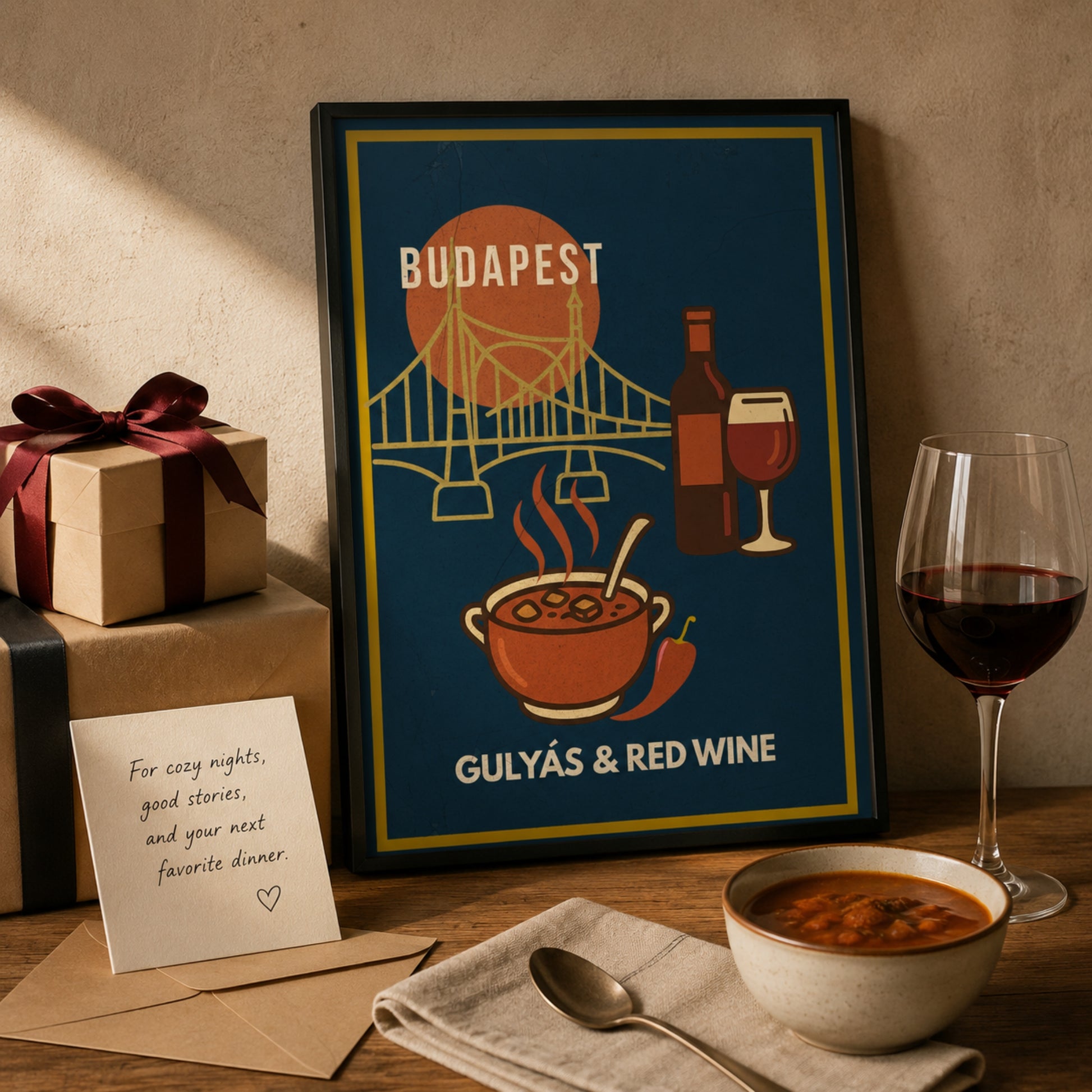 Gulyás & Red Wine Budapest poster styled as a thoughtful gift for food and travel lovers
