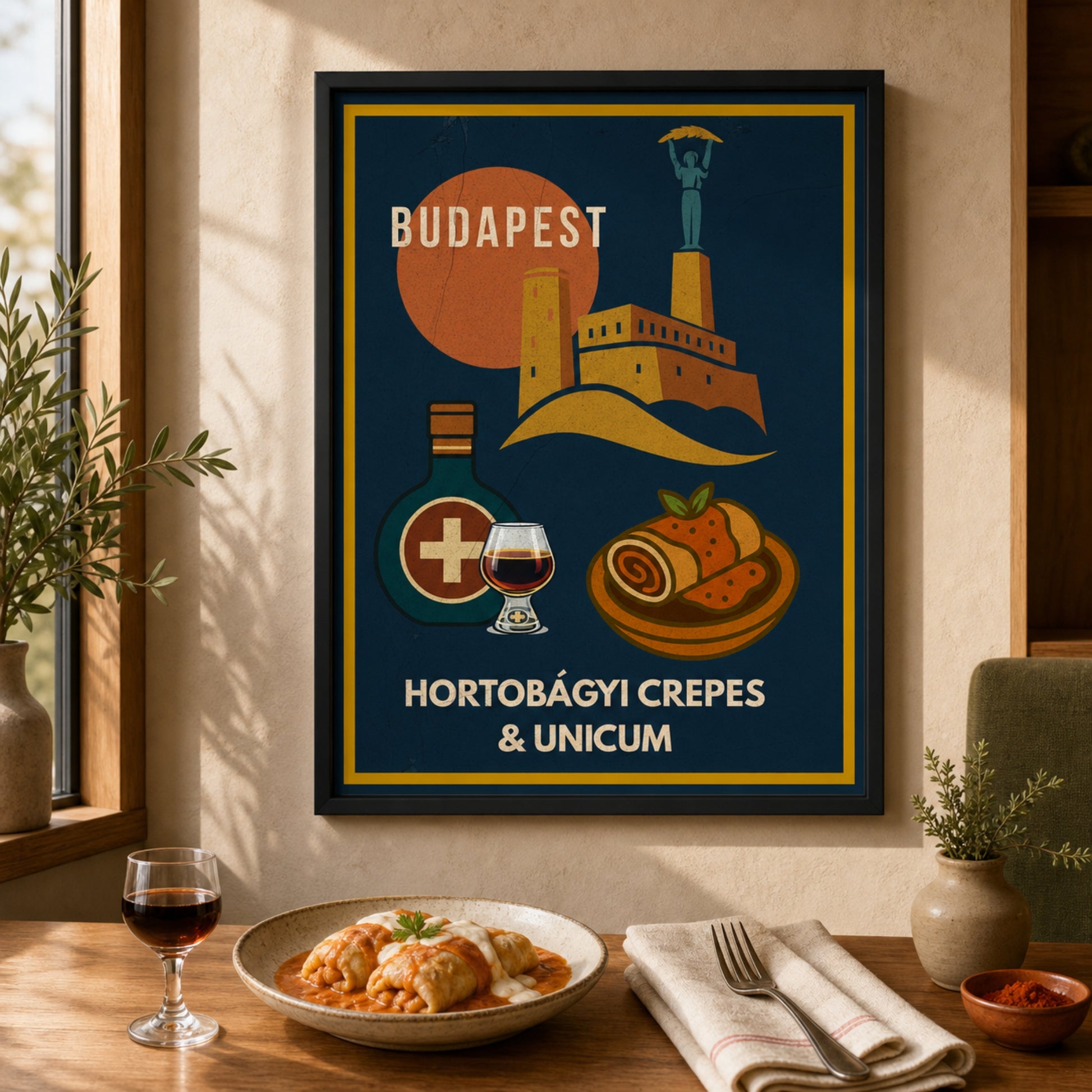 Hortobágyi Crepes & Unicum framed Budapest Urban Gastro poster on a warm kitchen wall with a glass of red wine