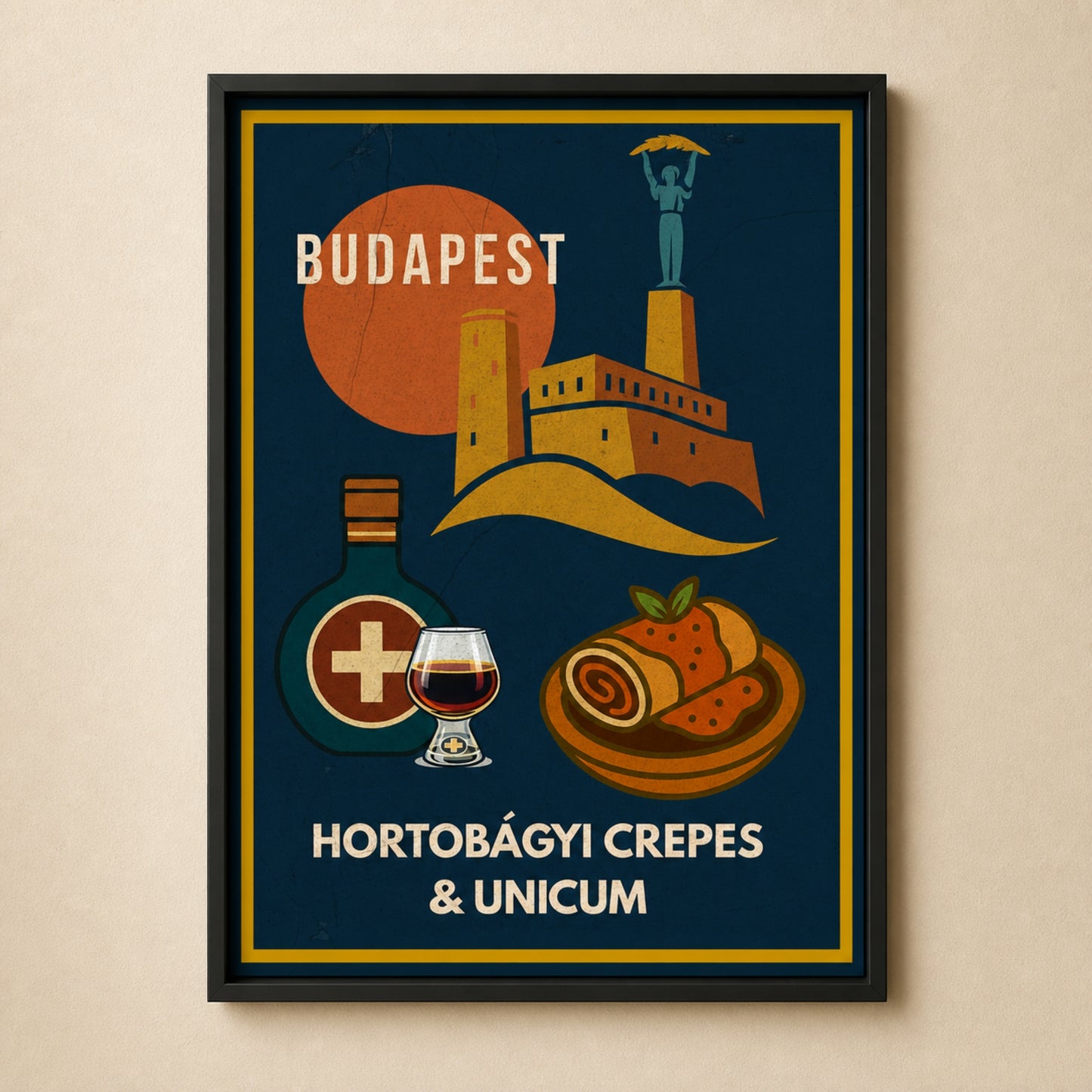 Close view of the Hortobágyi Crepes & Unicum framed Budapest poster showing the artwork and black frame