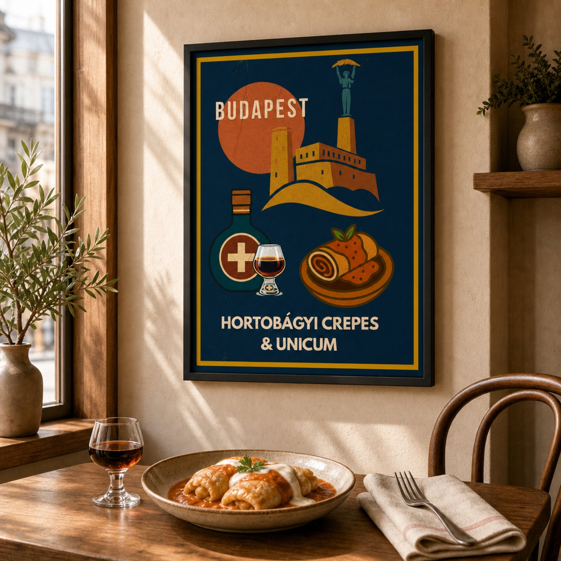 Hortobágyi Crepes & Unicum framed poster displayed in a warm Budapest-inspired café dining corner

