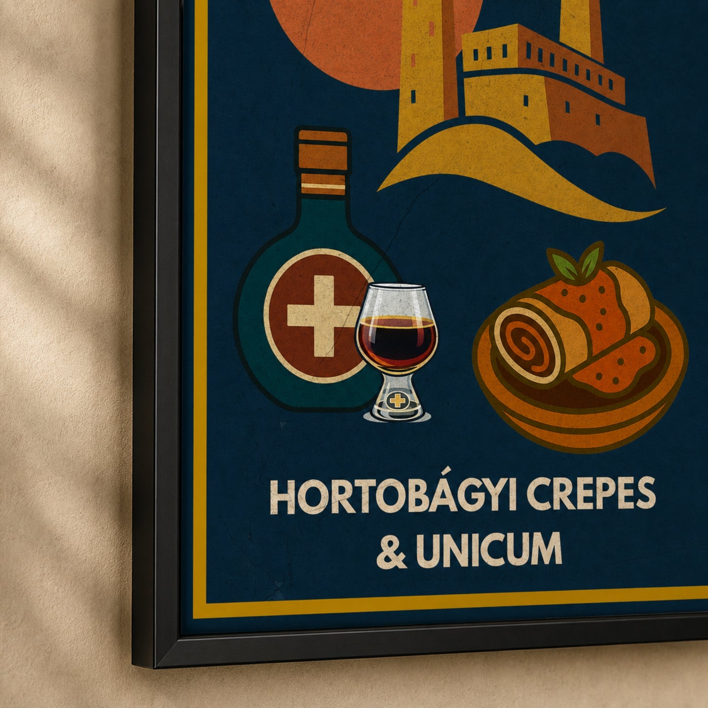 Detail view of the Hortobágyi Crepes & Unicum framed poster with artwork crop and black frame
