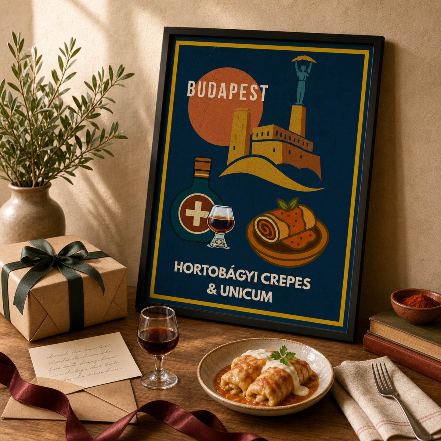 Hortobágyi Crepes & Unicum Budapest poster styled as a thoughtful gift for food and travel lovers
