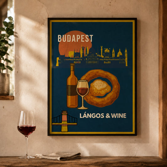 Lángos & Wine framed Budapest Urban Gastro poster on a warm kitchen wall with a glass of red wine
