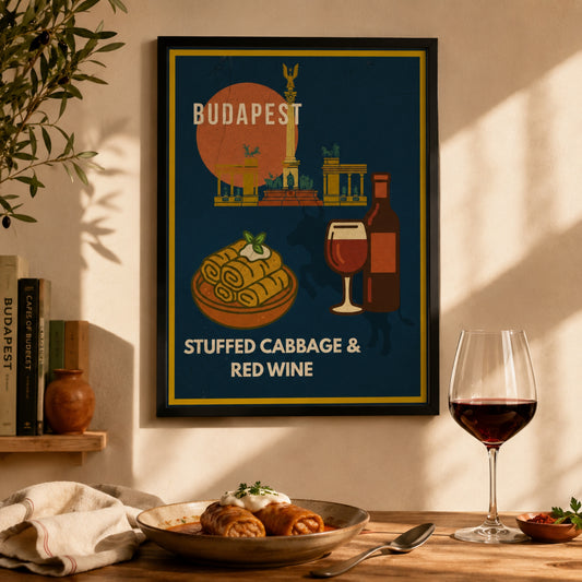 Stuffed Cabbage & Red Wine framed Budapest Urban Gastro poster on a warm kitchen wall with a glass of red wine
