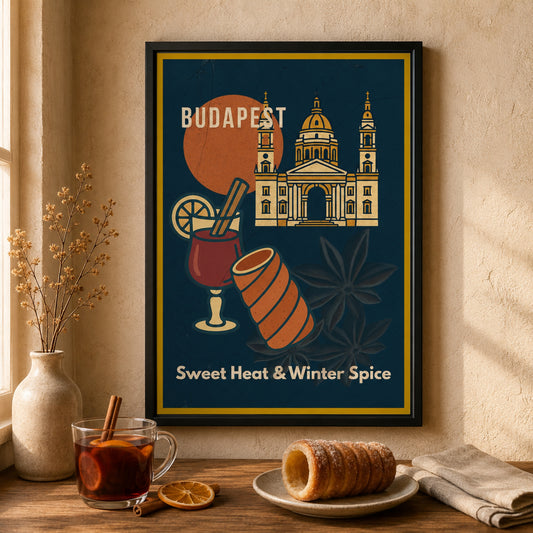 Sweet Heat & Winter Spice framed Budapest Urban Gastro poster on a warm kitchen wall with a glass of red wine 