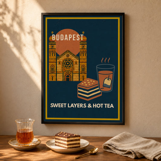 Sweet Layers & Hot Tea framed Budapest Urban Gastro poster on a warm kitchen wall with a glass of Tea
