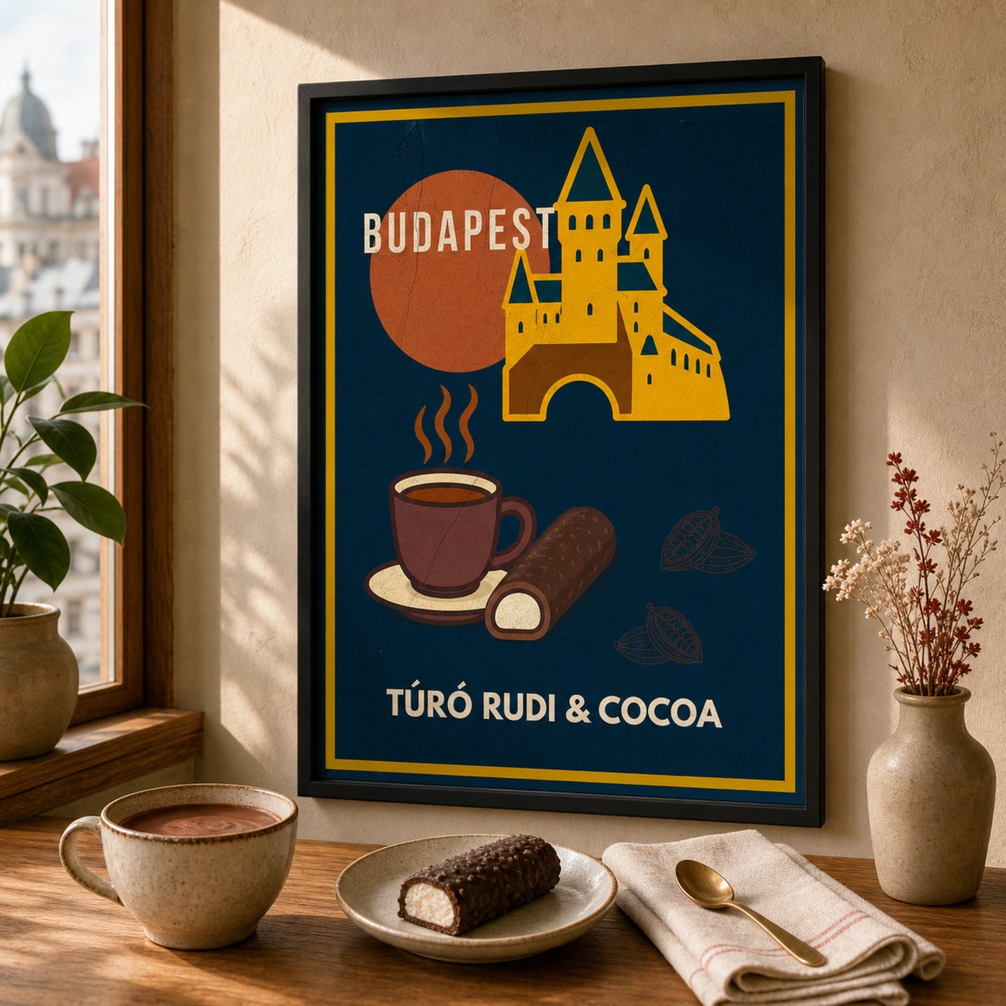 Turo Rudi & Cocoa framed Budapest Urban Gastro poster on a warm kitchen wall with Cocoa