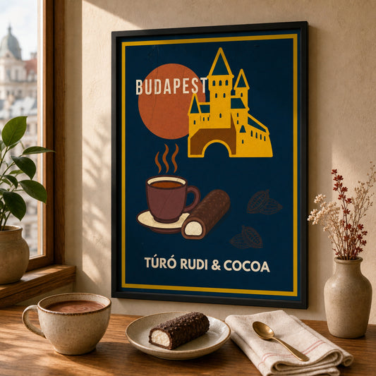 Turo Rudi & Cocoa framed Budapest Urban Gastro poster on a warm kitchen wall with Cocoa