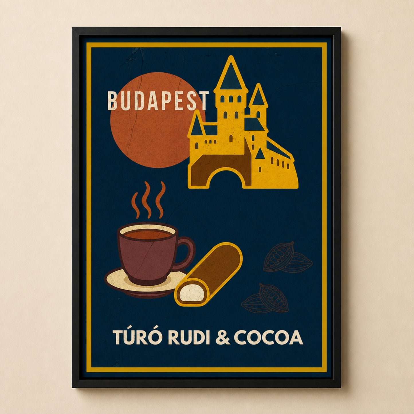 Close view of the Turo Rudi & Cocoa framed Budapest poster showing the artwork and black frame