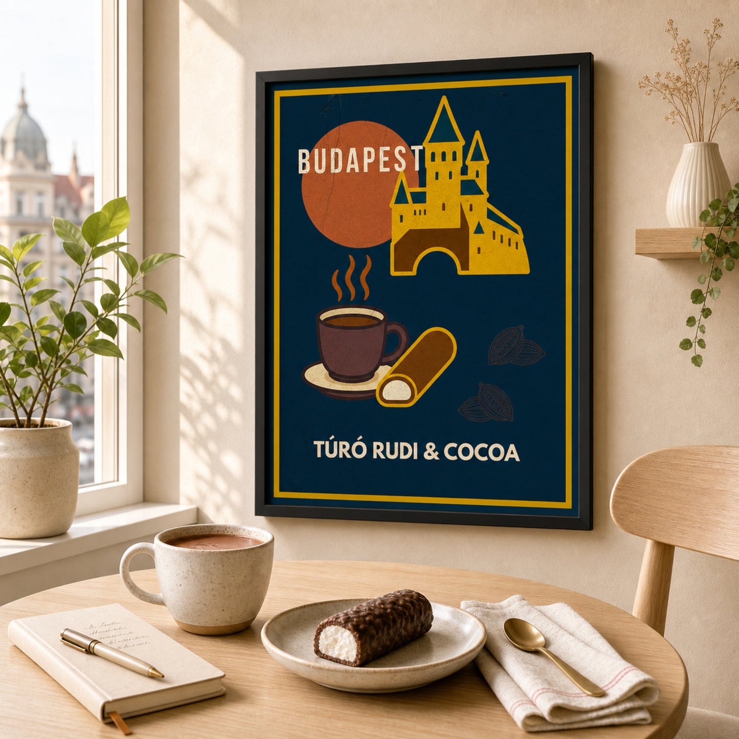 Turo Rudi & Cocoa framed poster displayed in a warm Budapest-inspired café dining corner
