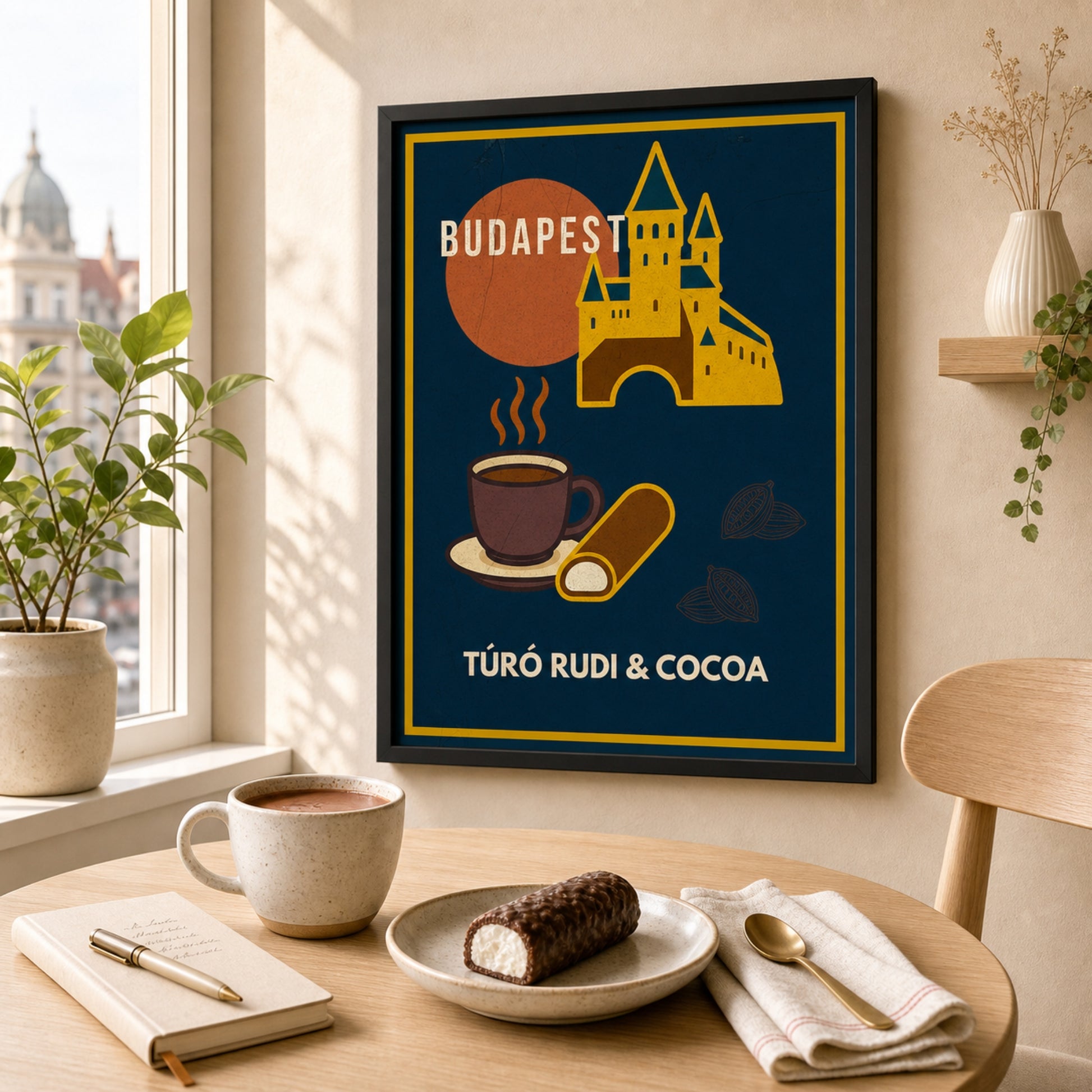 Turo Rudi & Cocoa framed poster displayed in a warm Budapest-inspired café dining corner