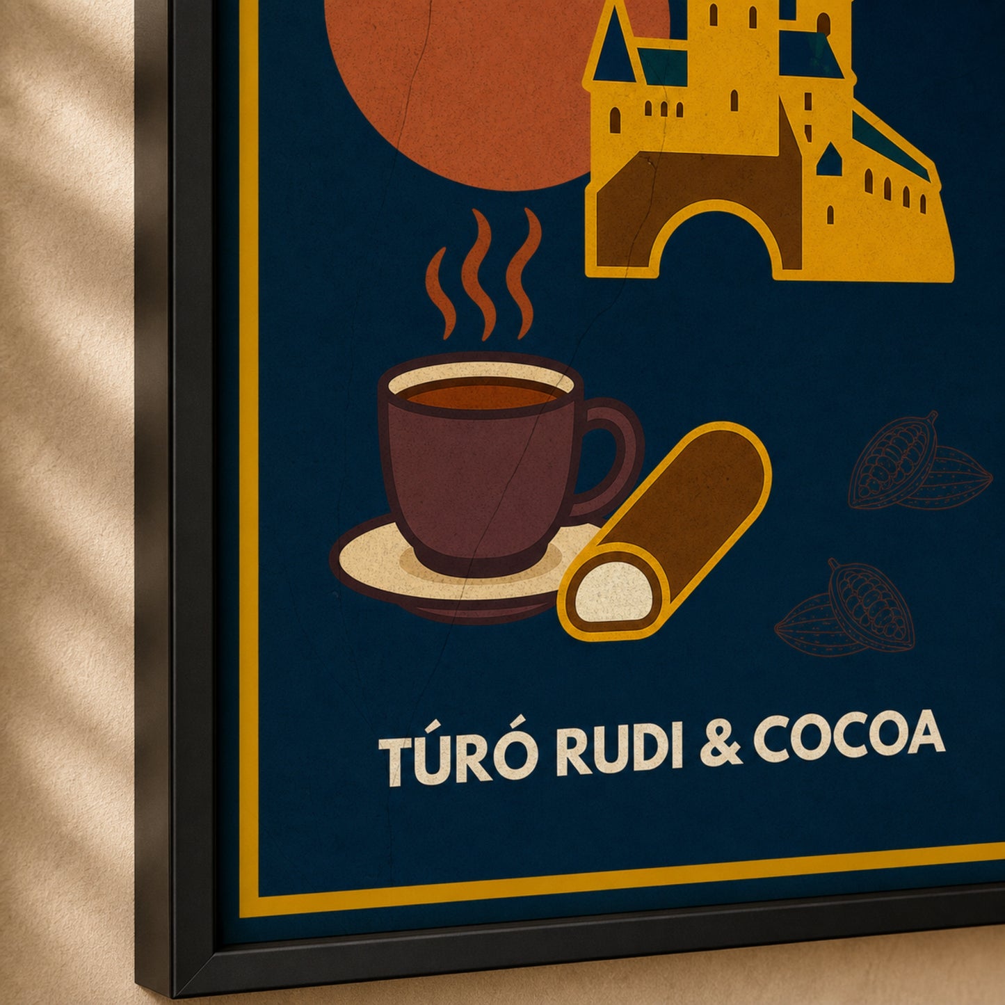 Detail view of the Turo Rudi & Cocoa framed poster with artwork crop and black frame
