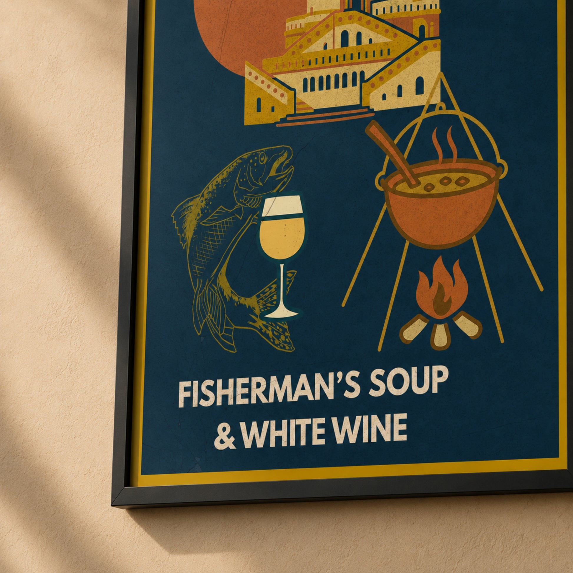 Detail view of the Fisherman`s Soup & White Wine framed poster with artwork crop and black frame

