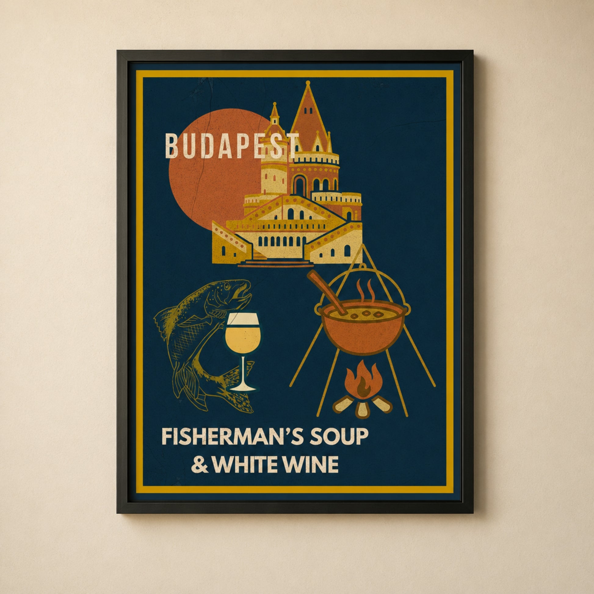 Close view of the Fisherman`s Soup & White Wine framed Budapest poster showing the artwork and black frame
