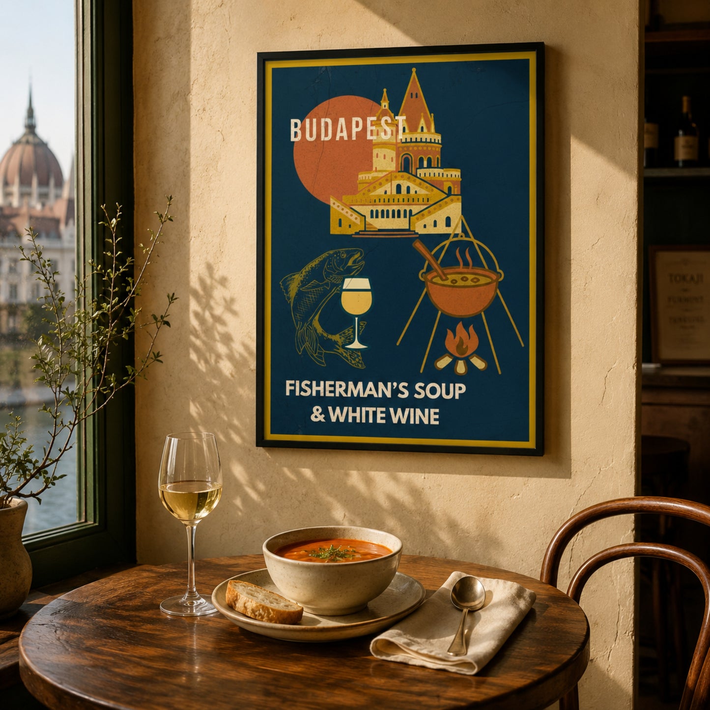 Fisherman`s Soup & White Wine  framed poster displayed in a warm Budapest-inspired bistro corner