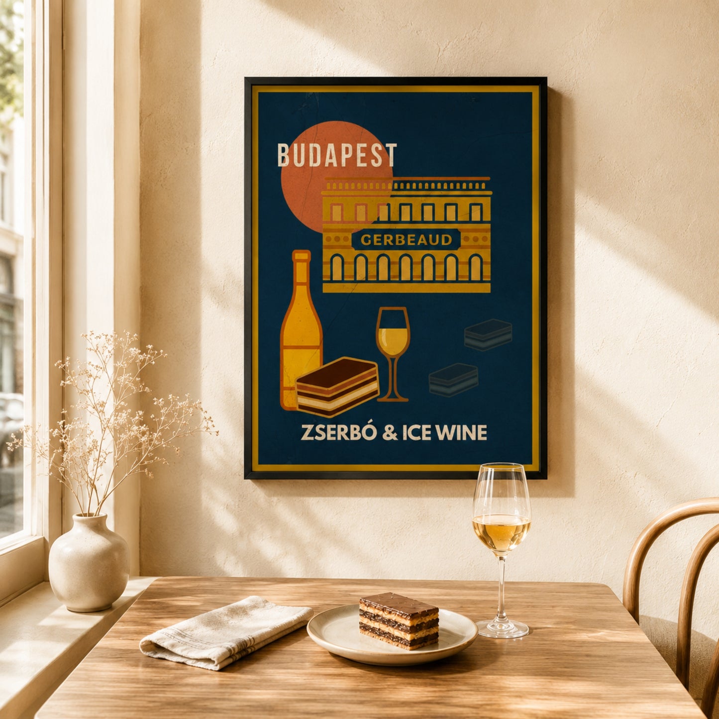Zserbo & Ice Wine framed Budapest Urban Gastro poster on a warm kitchen wall with a glass of ice wine
