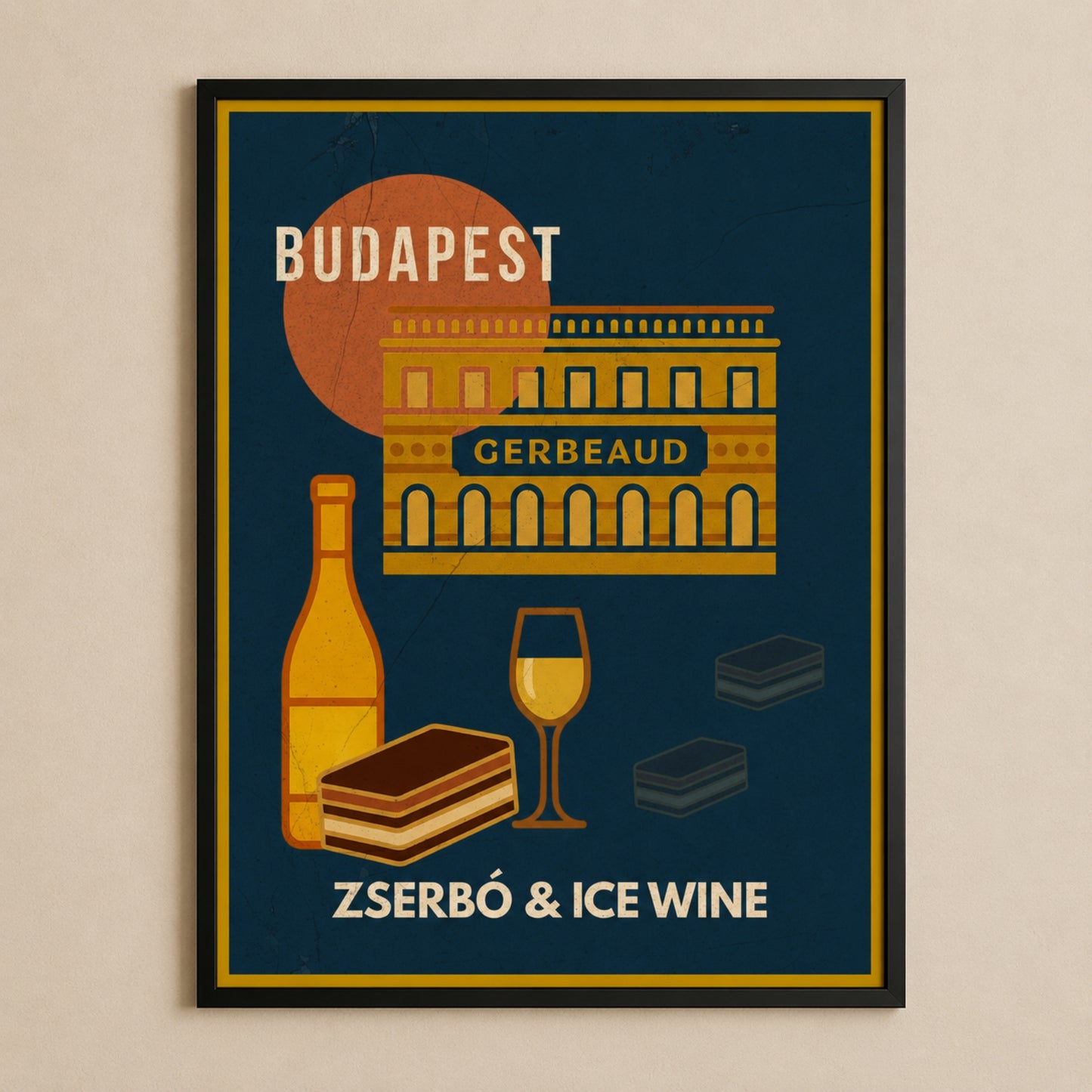 Close view of the Zserbo & Ice Wine framed Budapest poster showing the artwork and black frame