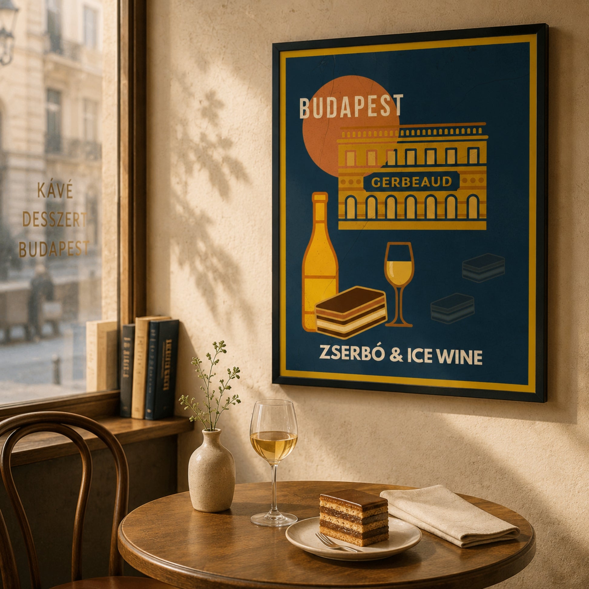 Zserbo & Ice Wine framed poster displayed in a warm Budapest-inspired café dining corner
