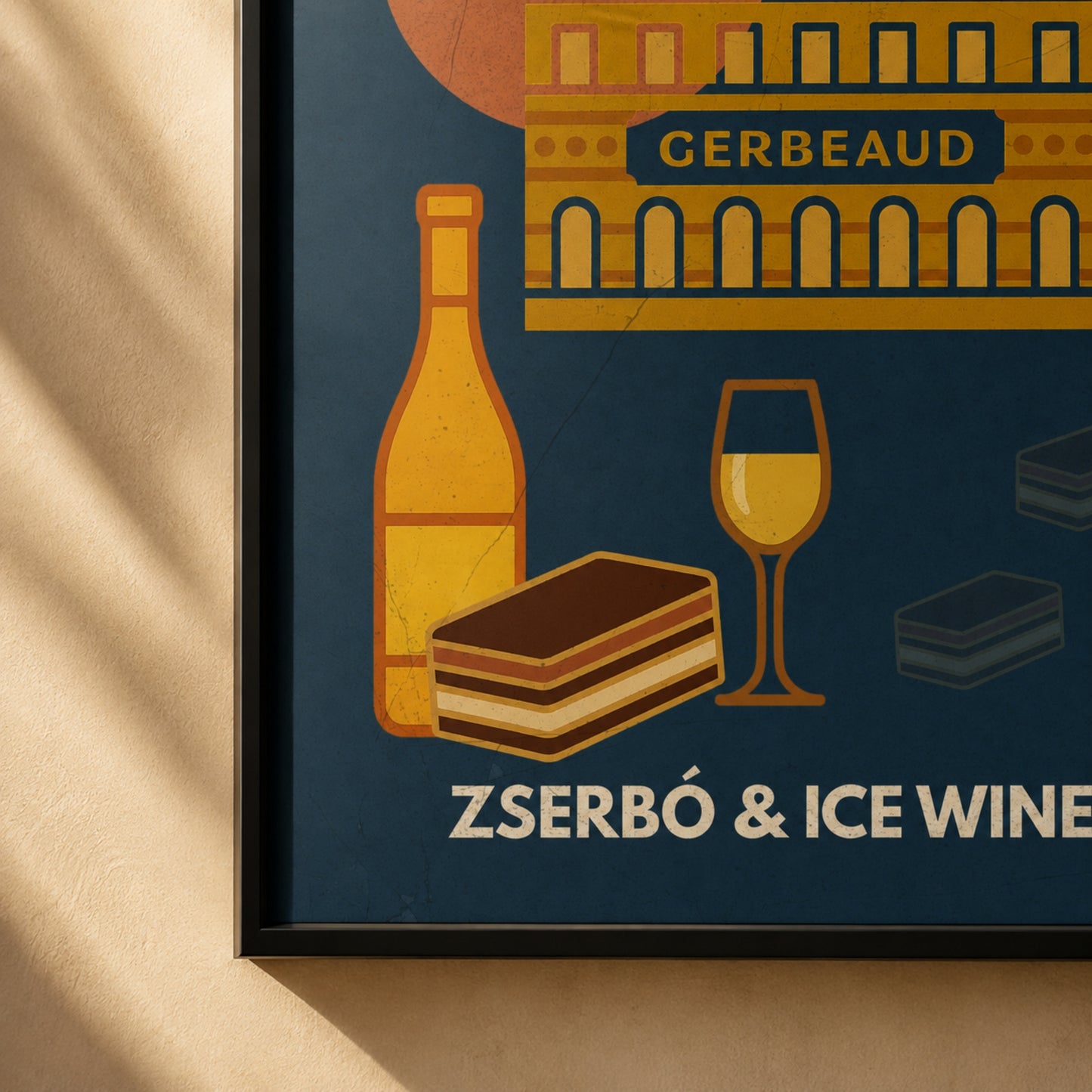Detail view of the Zserbo & Ice Wine framed poster with artwork crop and black fram