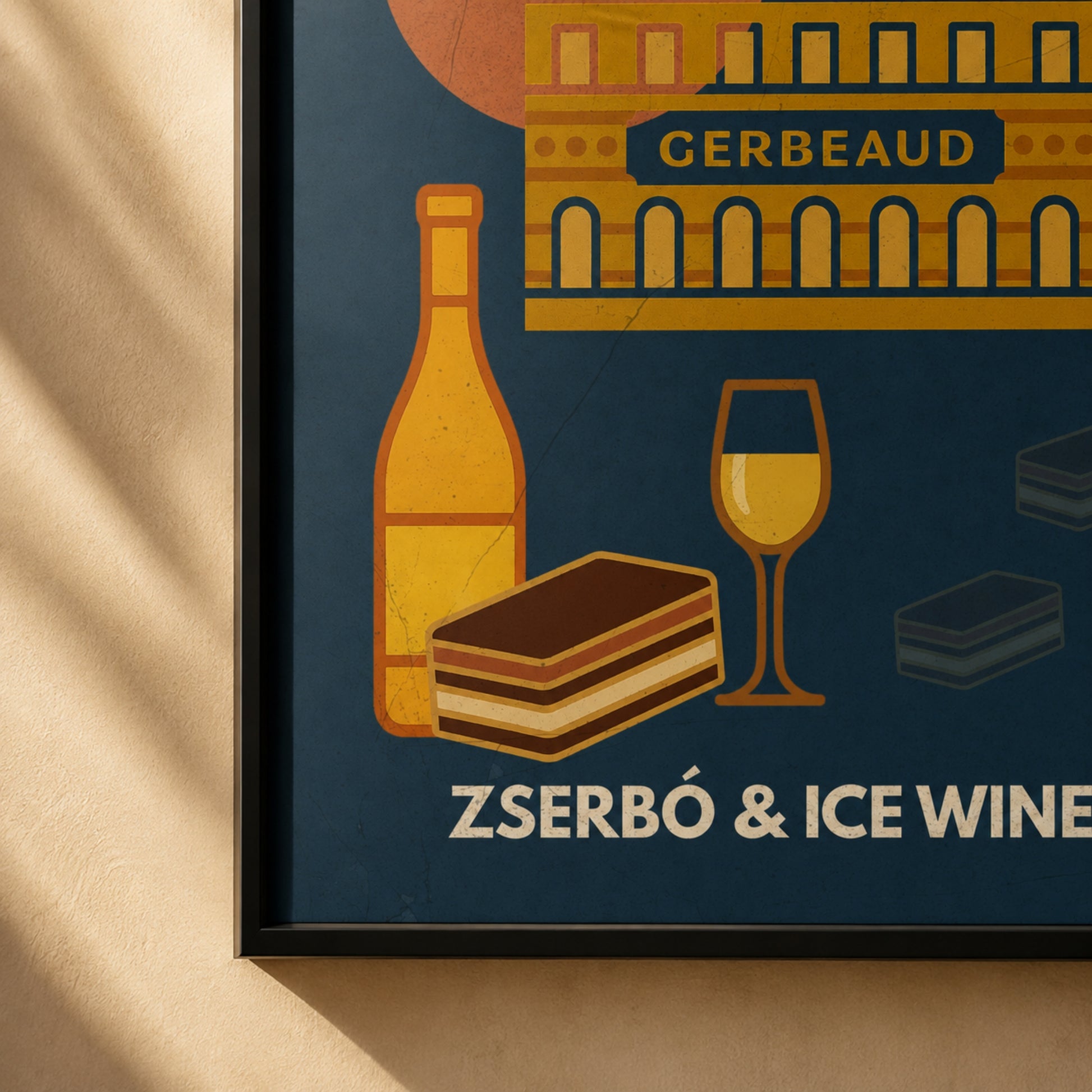 Detail view of the Zserbo & Ice Wine framed poster with artwork crop and black fram