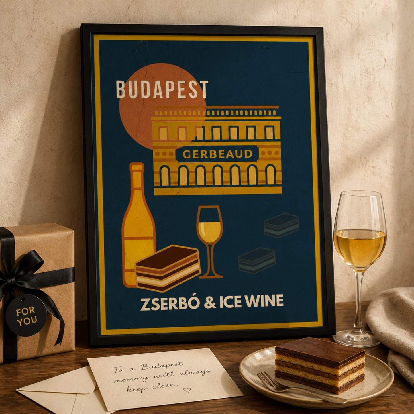 Zserbo & Ice Wine Budapest poster styled as a thoughtful gift for food and travel lovers