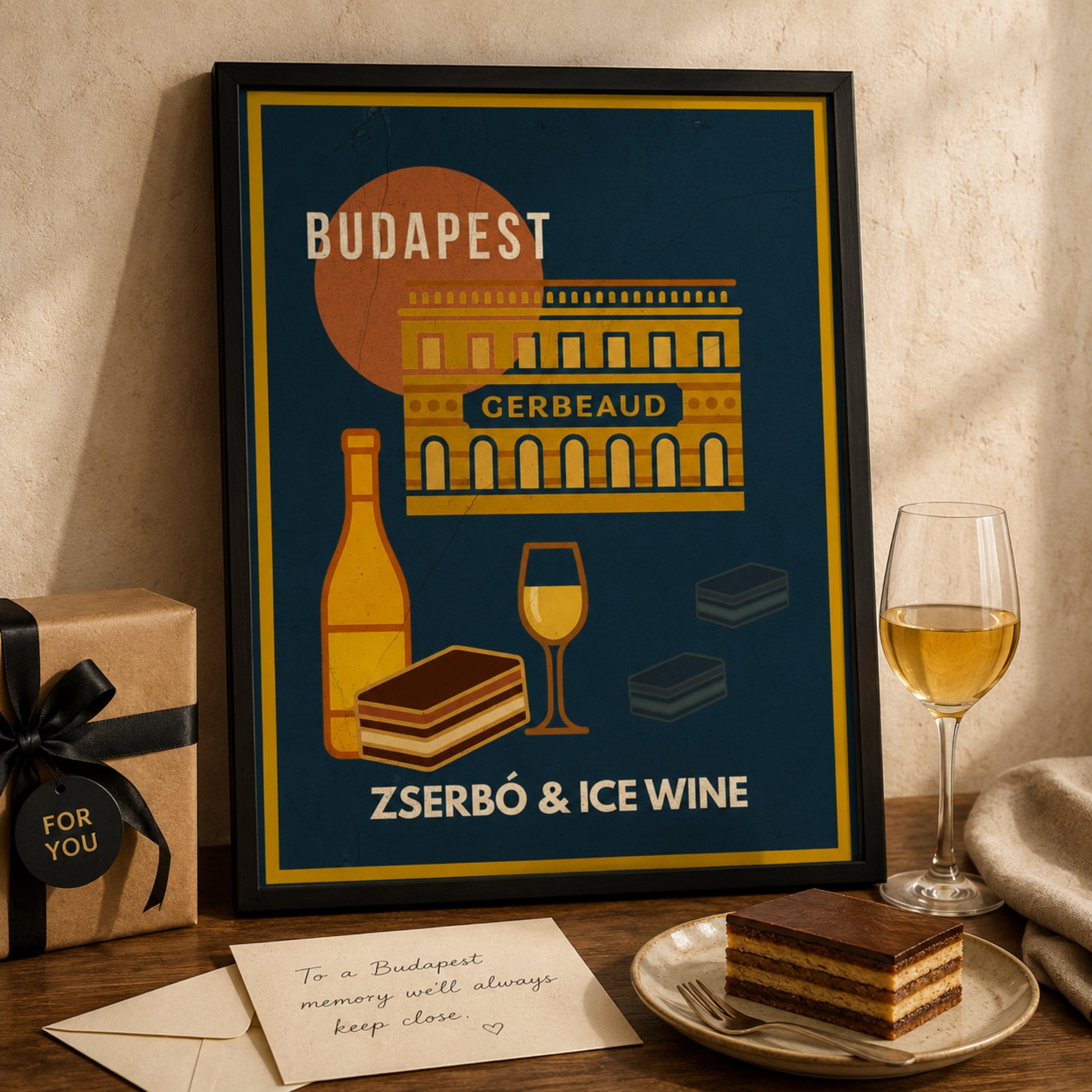 Zserbo & Ice Wine Budapest poster styled as a thoughtful gift for food and travel lovers
