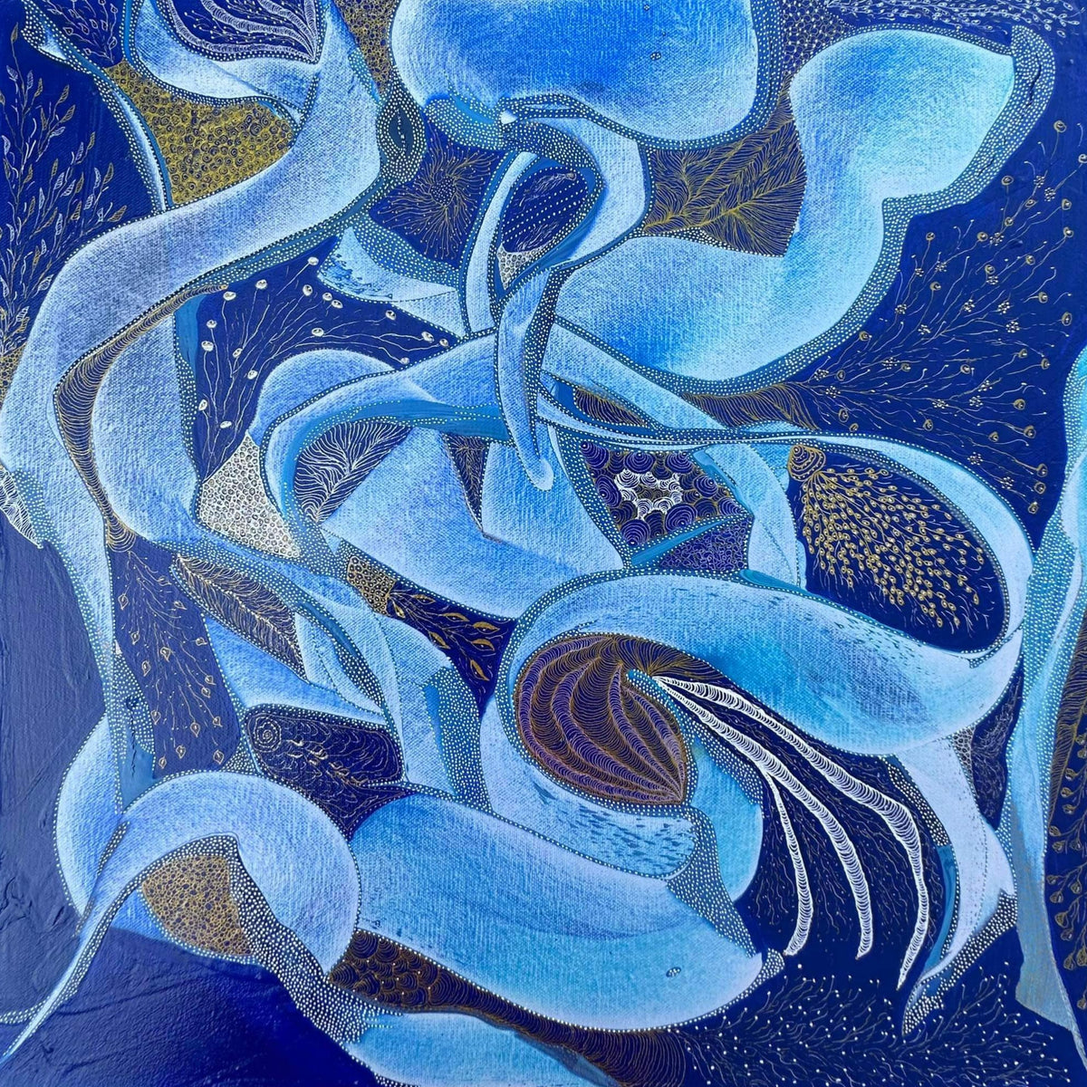 Atlantis, original blue biomorphic acrylic painting by Edith Zalai, featuring flowing blue tones, intricate organic forms and delicate details inspired by underwater landscapes.