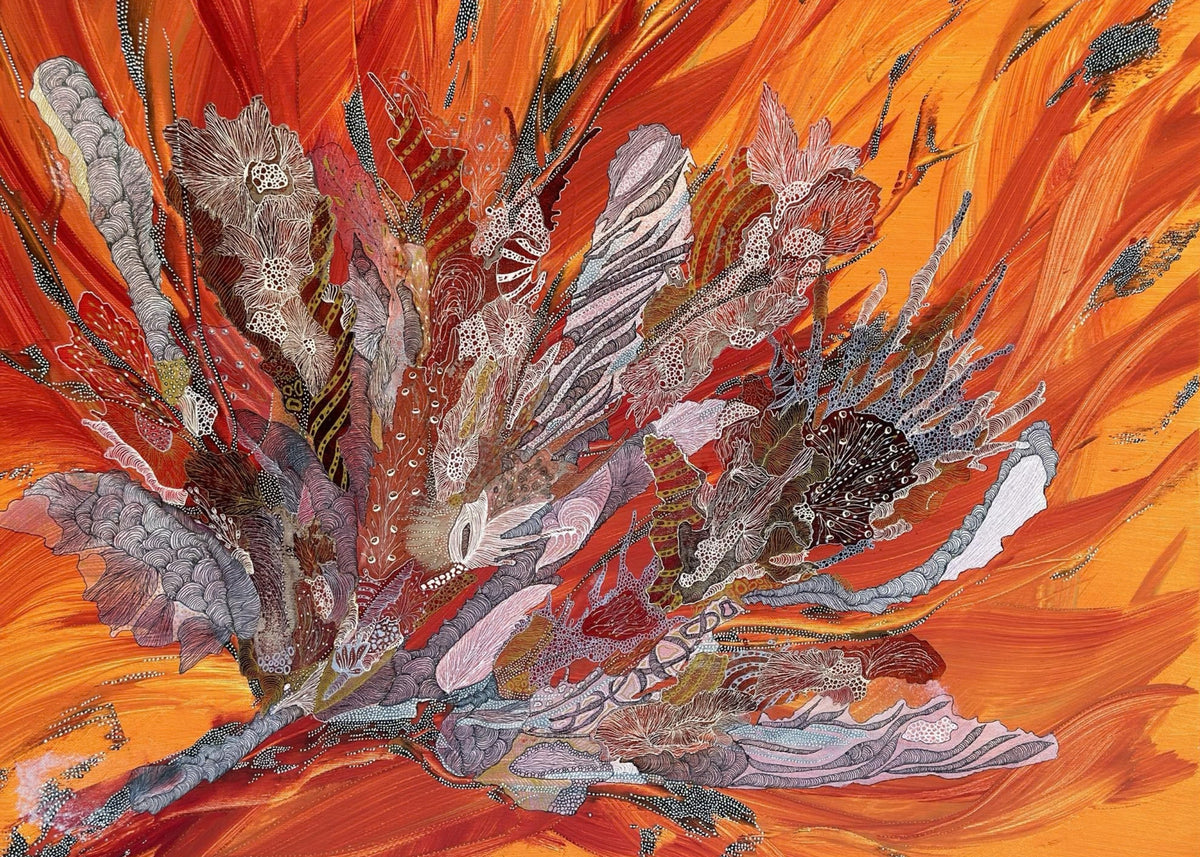 Original orange and red biomorphic abstract painting by Edith Zalai, created with acrylic and alcohol ink, featuring intricate organic forms and detailed linework.