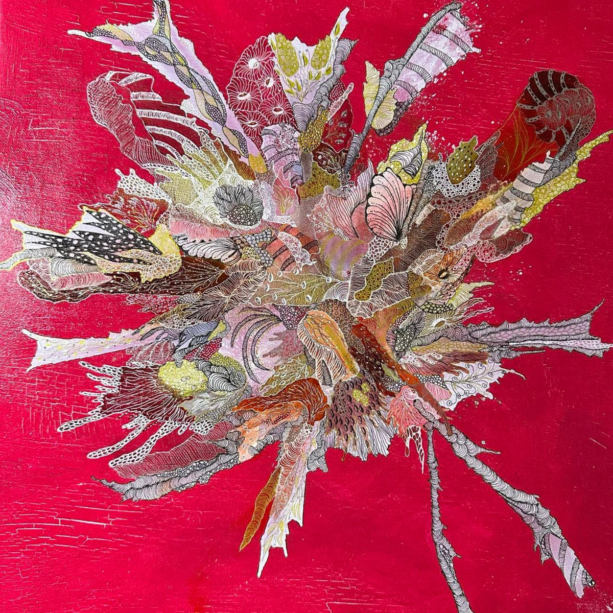 The Bloom Awakens, original red biomorphic acrylic and alcohol ink painting by Edith Zalai, featuring intricate organic shapes and delicate linework on a crimson background.