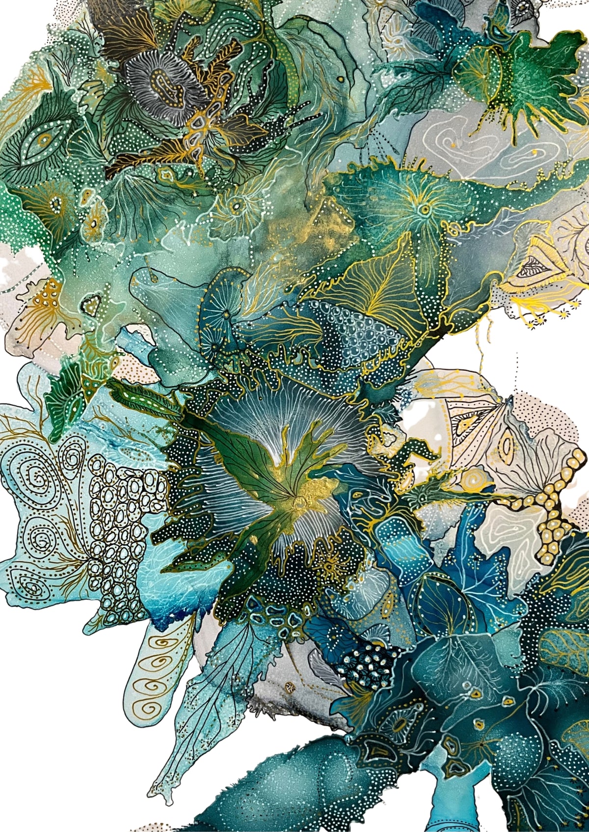 Underwater Dream, original turquoise and green alcohol ink painting on Yupo paper by Edith Zalai, featuring intricate biomorphic forms and delicate organic details.