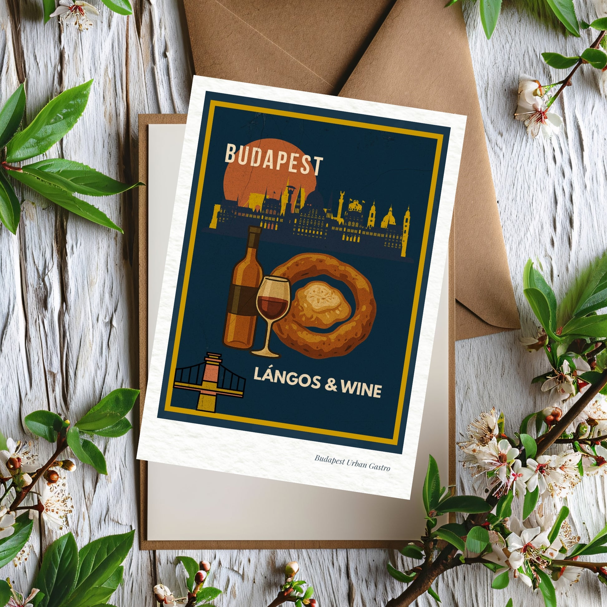 Budapest Urban Gastro navy postcard featuring lángos and wine, placed on rustic wooden boards with spring leaves for a warm European food and travel aesthetic.