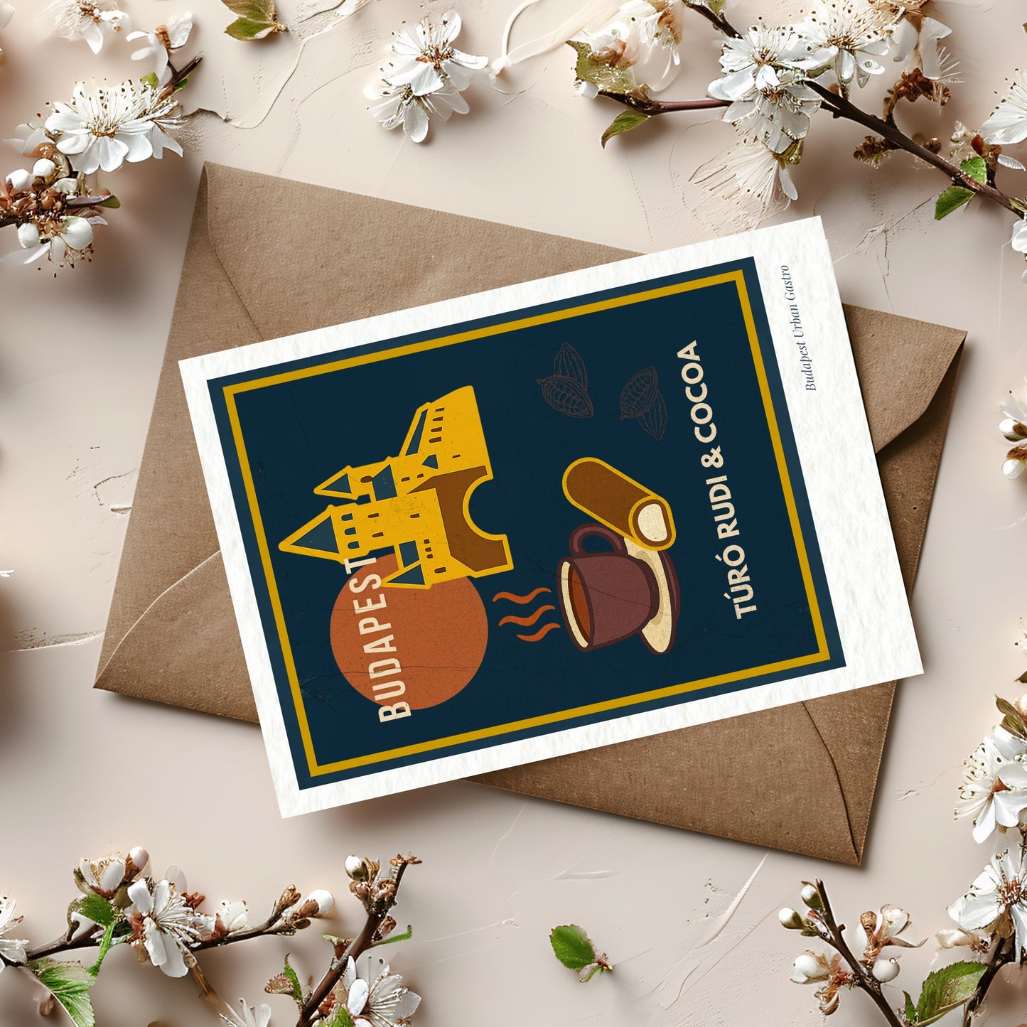 Budapest Túró Rudi & Cocoa navy blue art postcard with envelope and spring blossoms, cozy Budapest Urban Gastro dessert and cocoa illustration in elegant European style