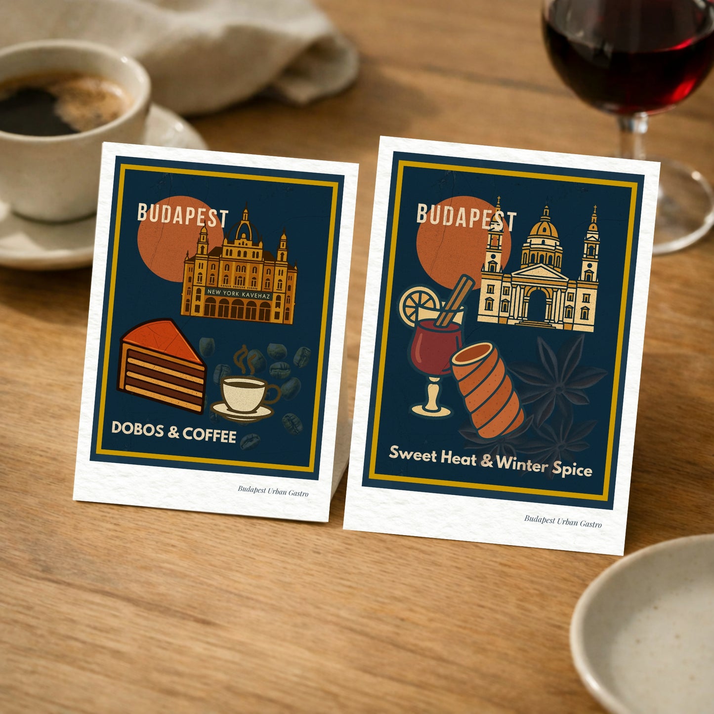 Two Budapest Urban Gastro navy blue art postcards showing Dobos cake with coffee and Sweet Heat winter spice, styled on a wooden café table with wine and espresso