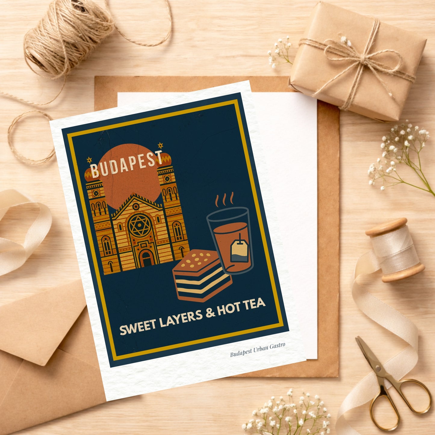 Budapest Sweet Layers & Hot Tea navy blue art postcard styled as a gift on textured paper with ribbon and flowers, premium Budapest Urban Gastro dessert illustration