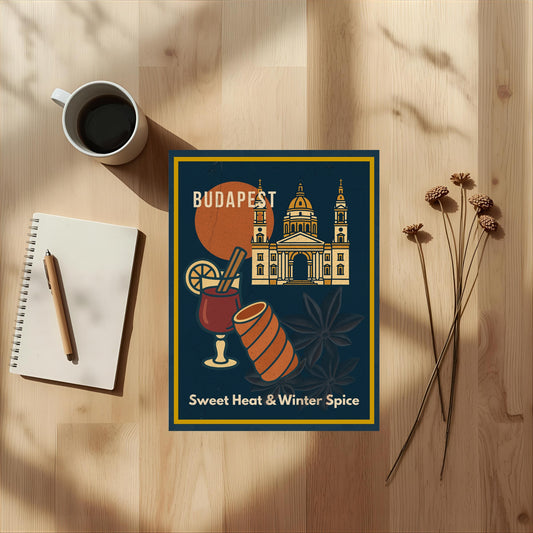 Flat lay mockup of a Budapest “Sweet Heat & Winter Spice” art poster on a light wooden table, styled with a cup of coffee, notebook, and soft natural sunlight.