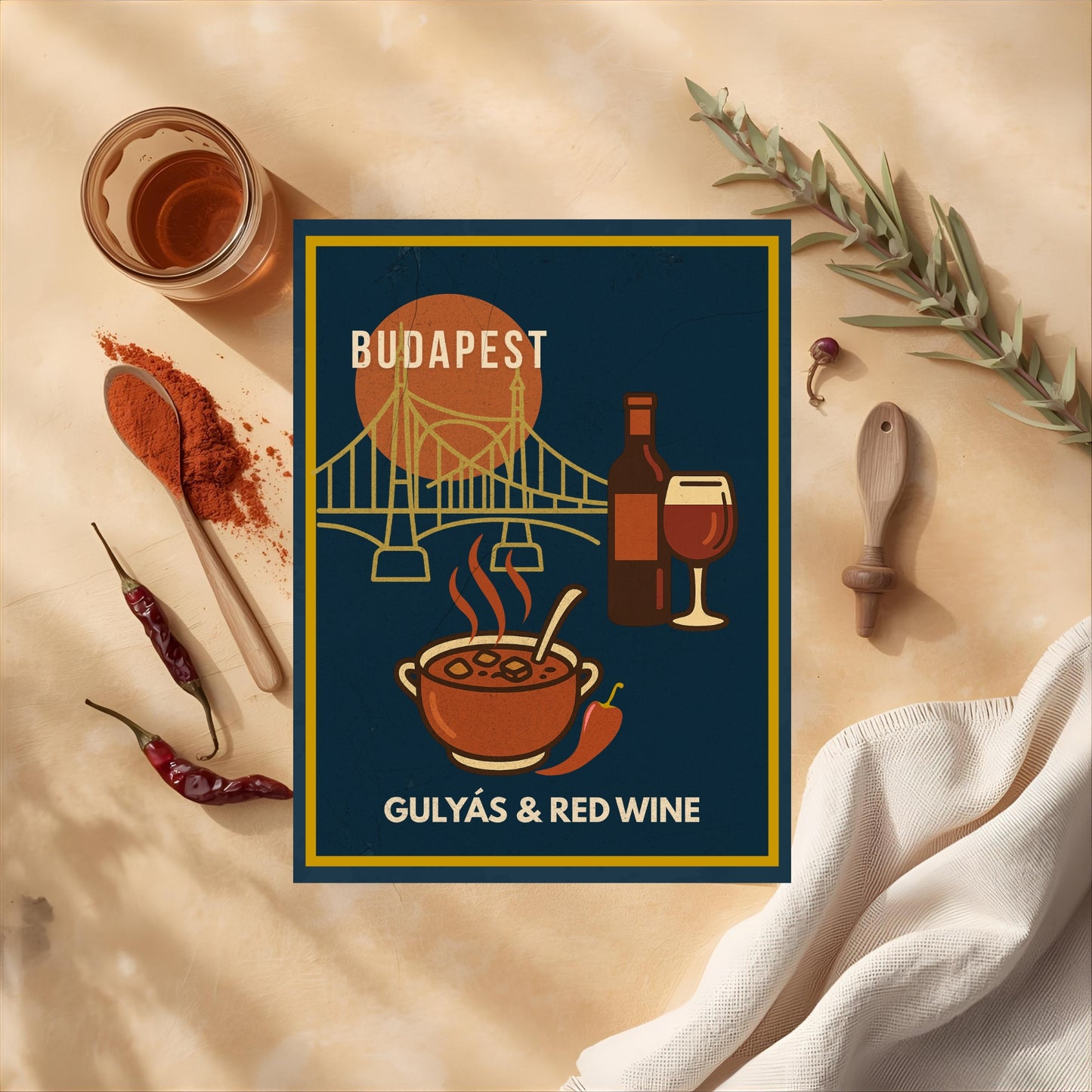 “Gulyás & Red Wine” Budapest kitchen poster shown in a flat lay setting with spices, chili peppers, and rustic tableware, highlighting Hungarian food culture.