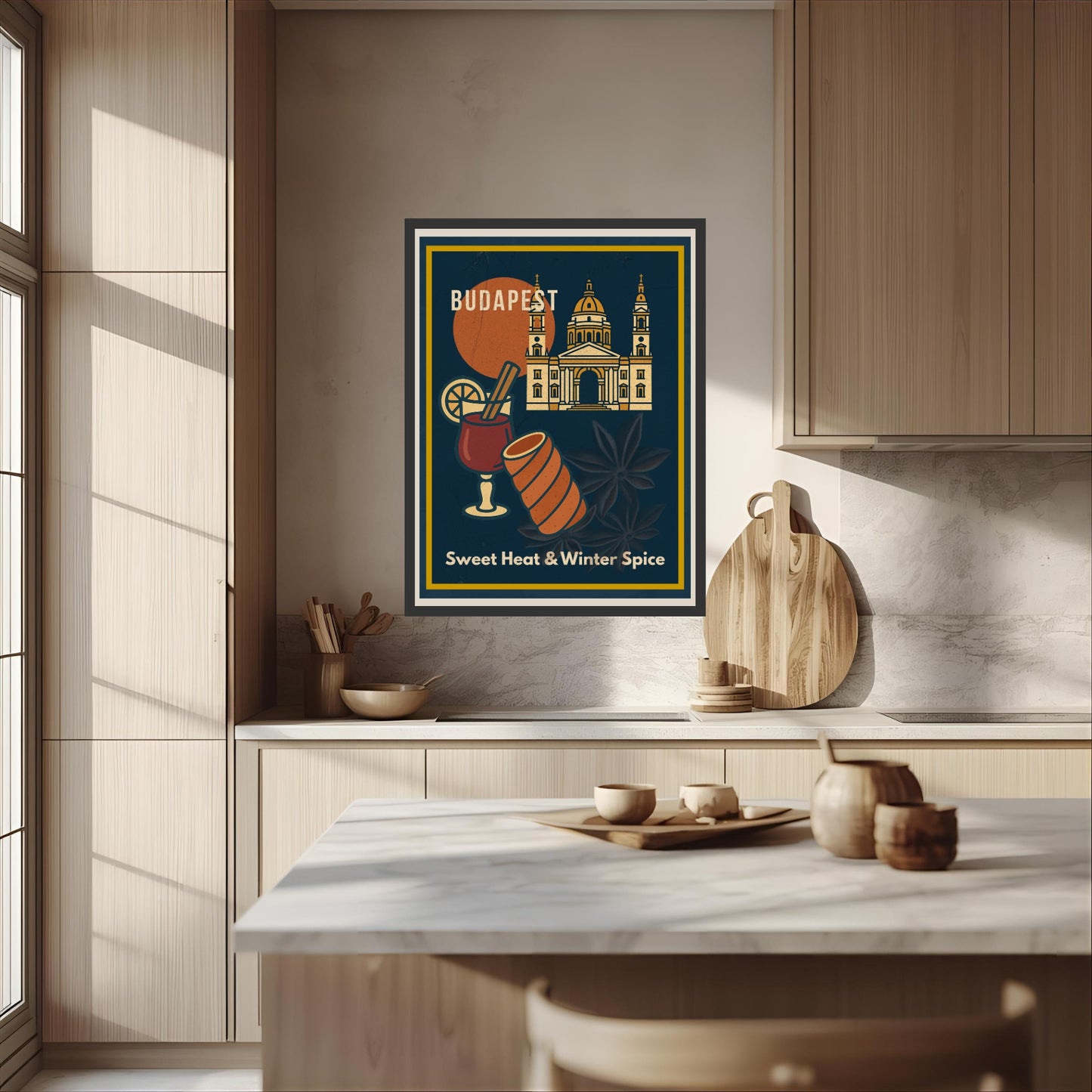 Budapest “Sweet Heat & Winter Spice” wall art displayed in a bright, modern kitchen interior with wooden cabinets and natural daylight.