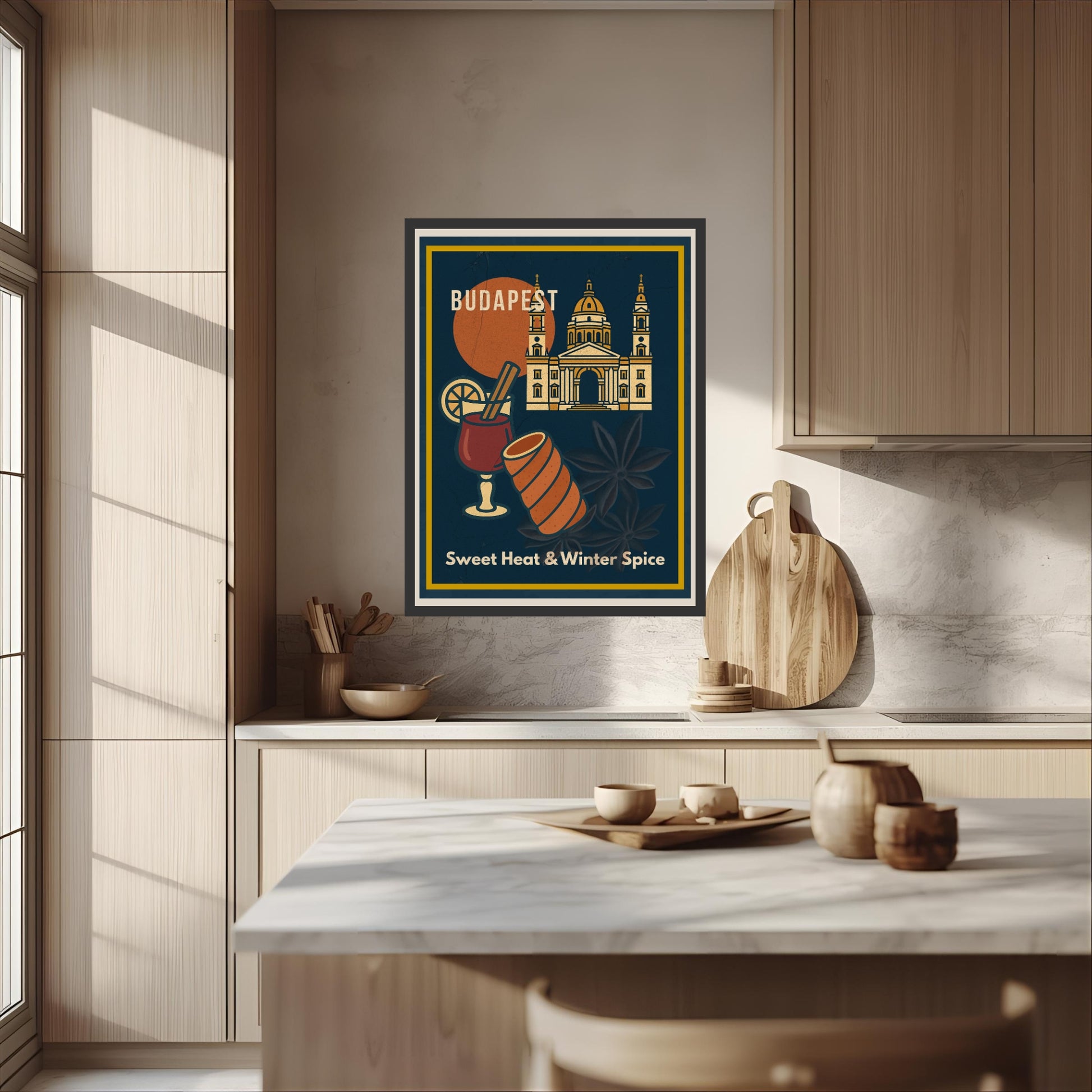 Budapest “Sweet Heat & Winter Spice” wall art displayed in a bright, modern kitchen interior with wooden cabinets and natural daylight.