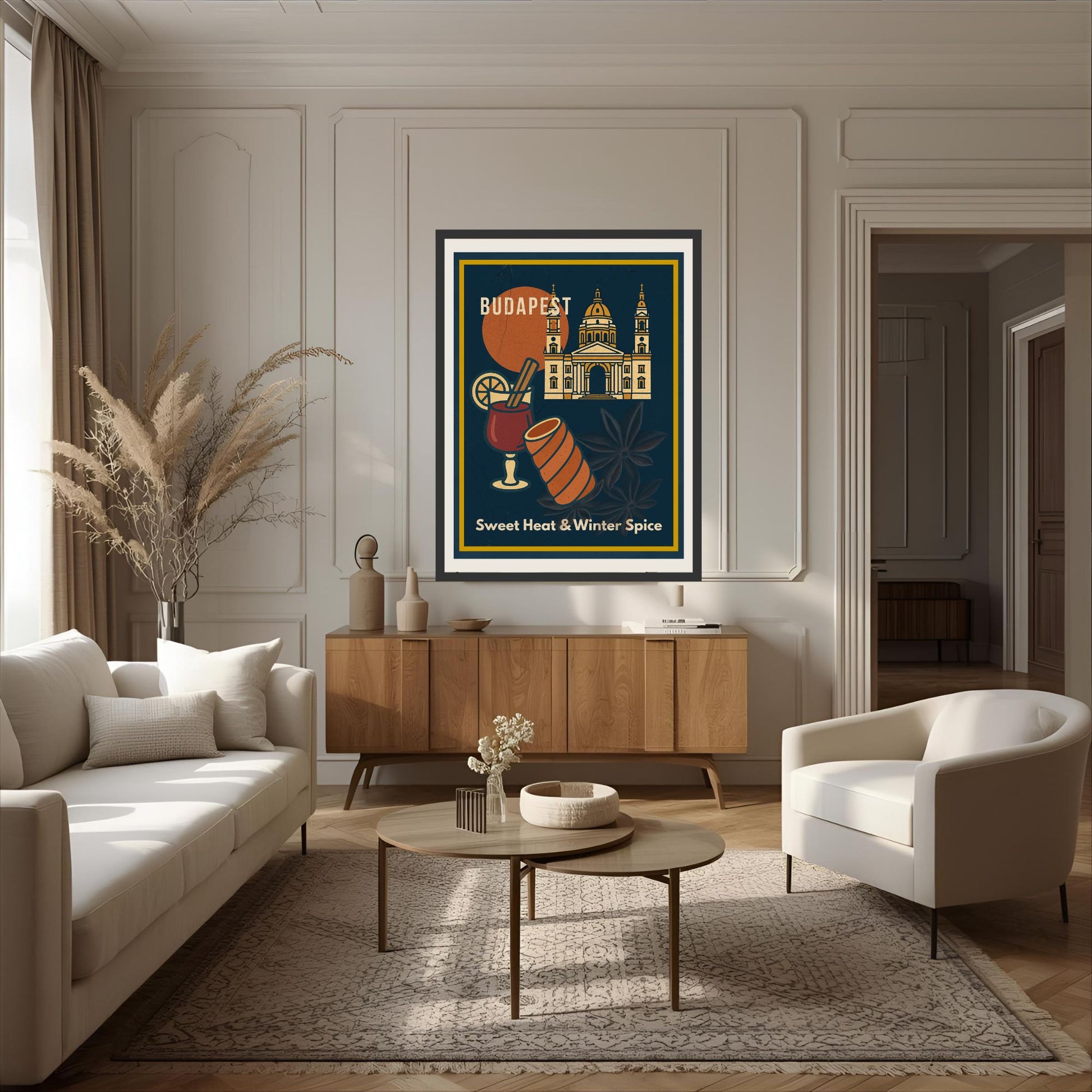 Framed Budapest “Sweet Heat & Winter Spice” poster hanging in an elegant living room with neutral furniture, warm light, and a refined, minimalist interior.