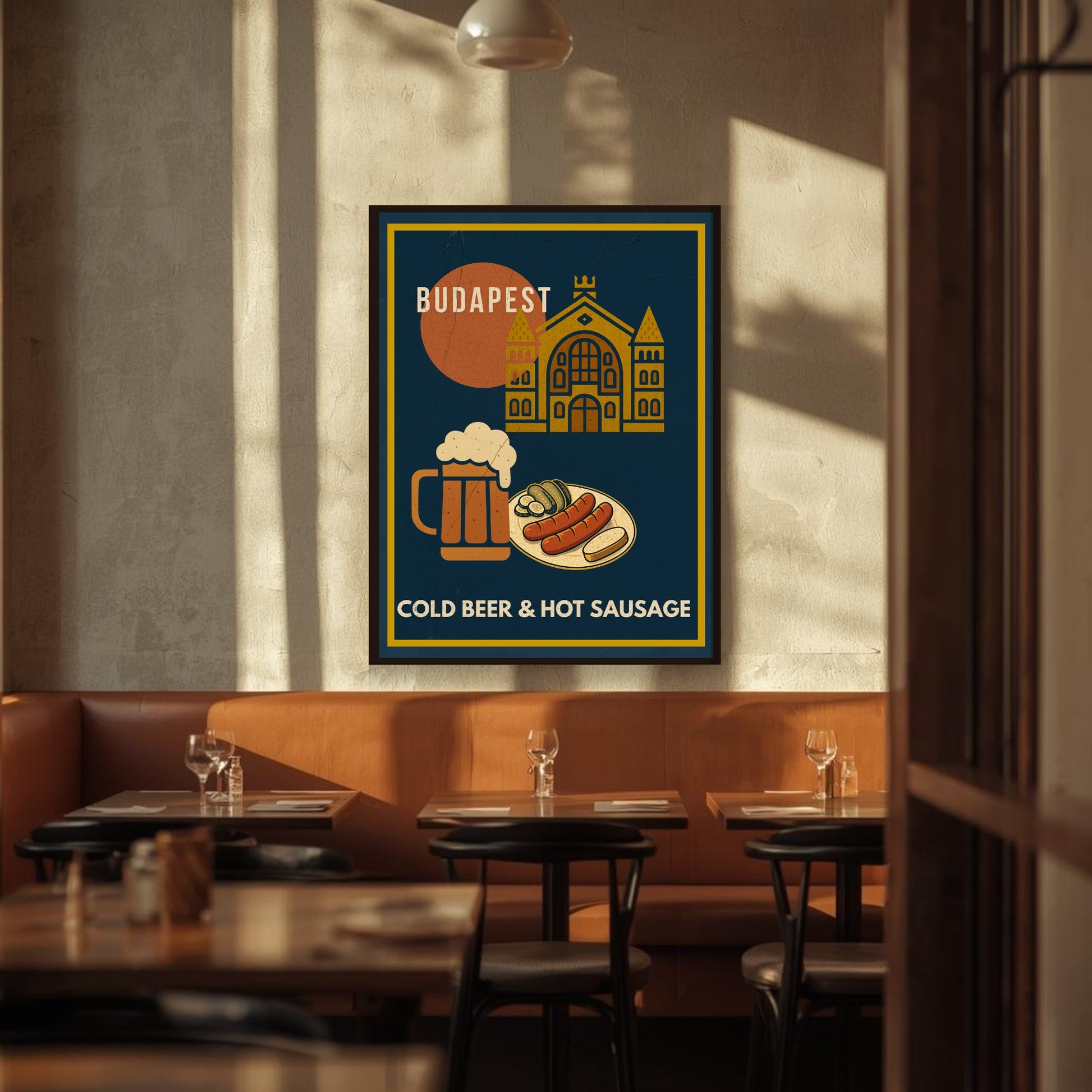 Framed Budapest Urban Gastro poster featuring cold beer and hot sausage displayed on a restaurant wall in a modern European bistro with warm lighting and wooden furniture.