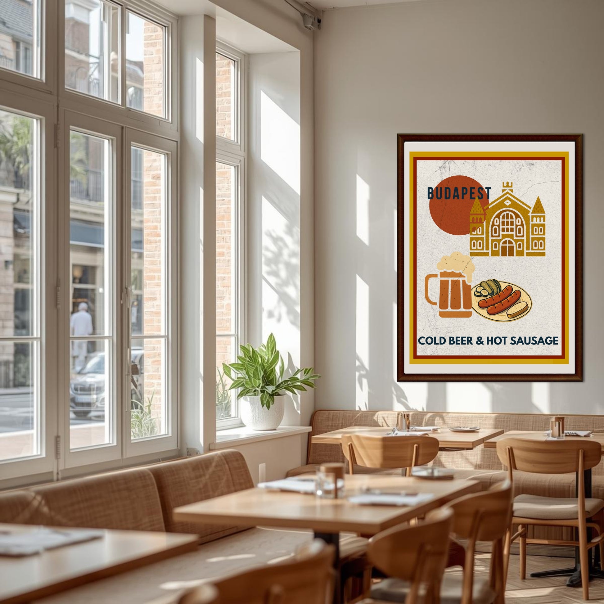 Budapest Urban Gastro poster featuring cold beer and hot sausage displayed on the wall of a bright, modern European bistro with natural light and wooden furniture.