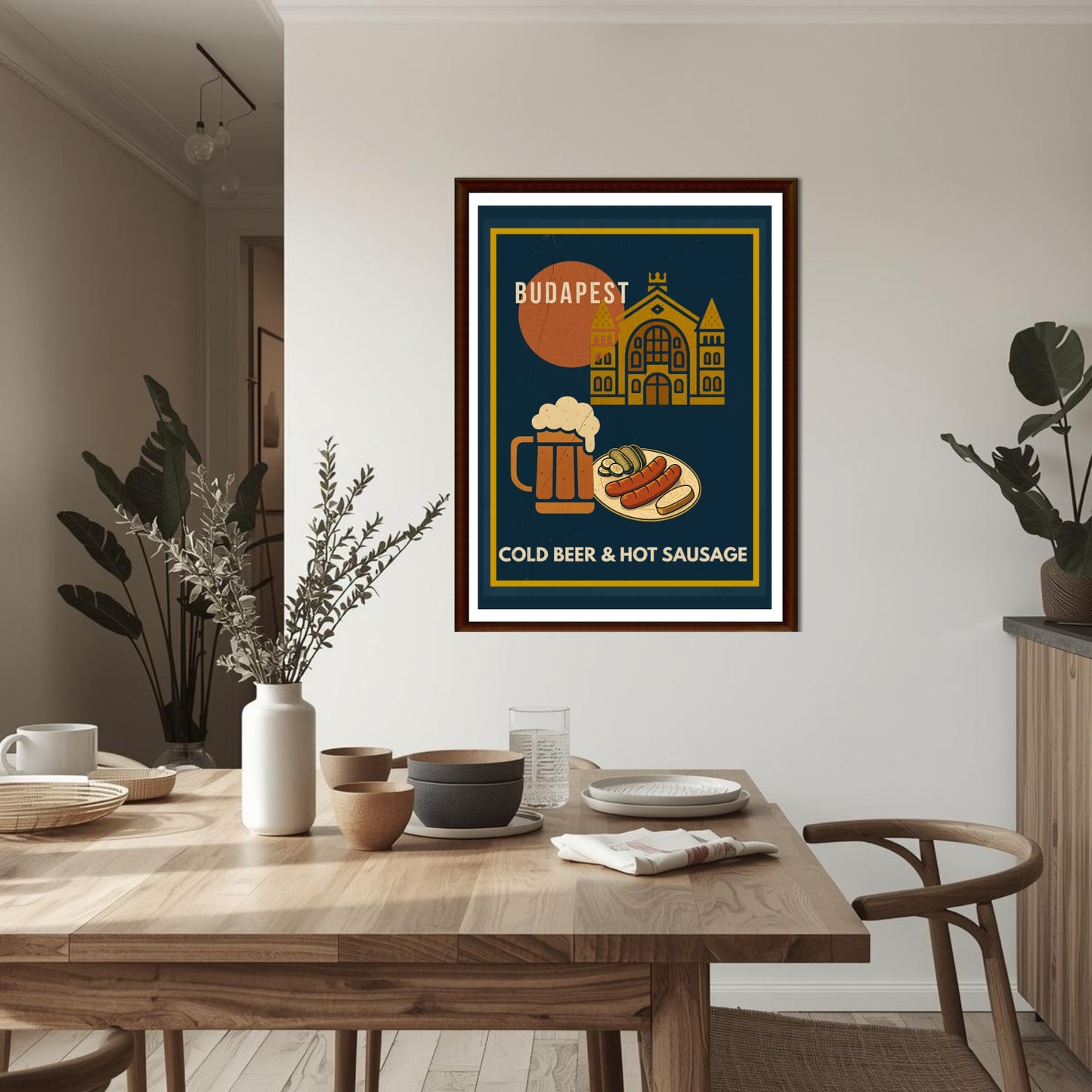 Budapest Urban Gastro wall art with cold beer and hot sausage theme hanging above a wooden dining table in a modern, cozy home dining room interior.