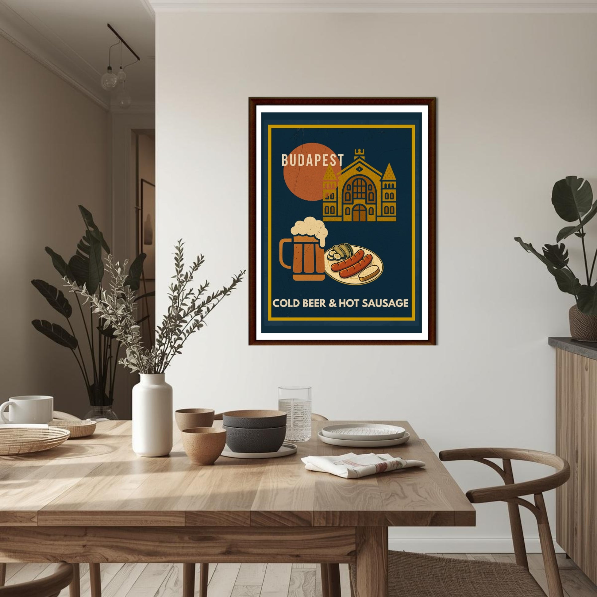 Budapest Urban Gastro wall art with cold beer and hot sausage theme hanging above a wooden dining table in a modern, cozy home dining room interior.