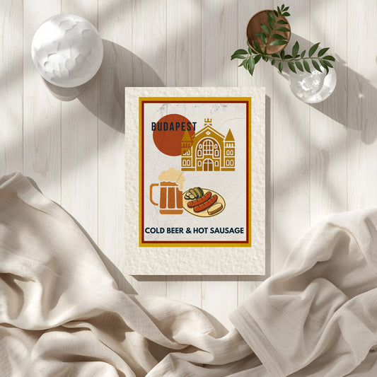 Budapest Urban Gastro cold beer and hot sausage poster styled as an elegant flat lay on a light wooden surface with soft fabrics and minimal natural decor.